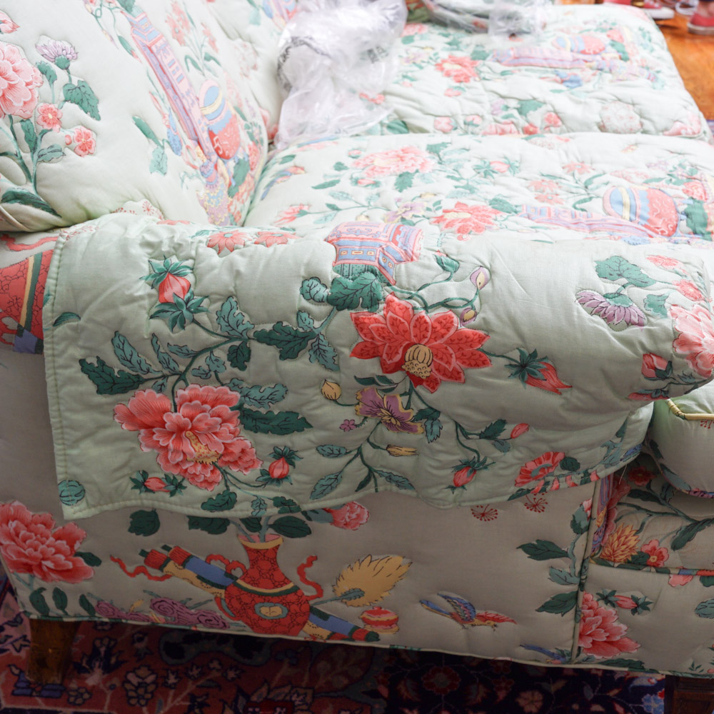 Quilted Chintz Upholstered  Loveseat with East Asian Pattern