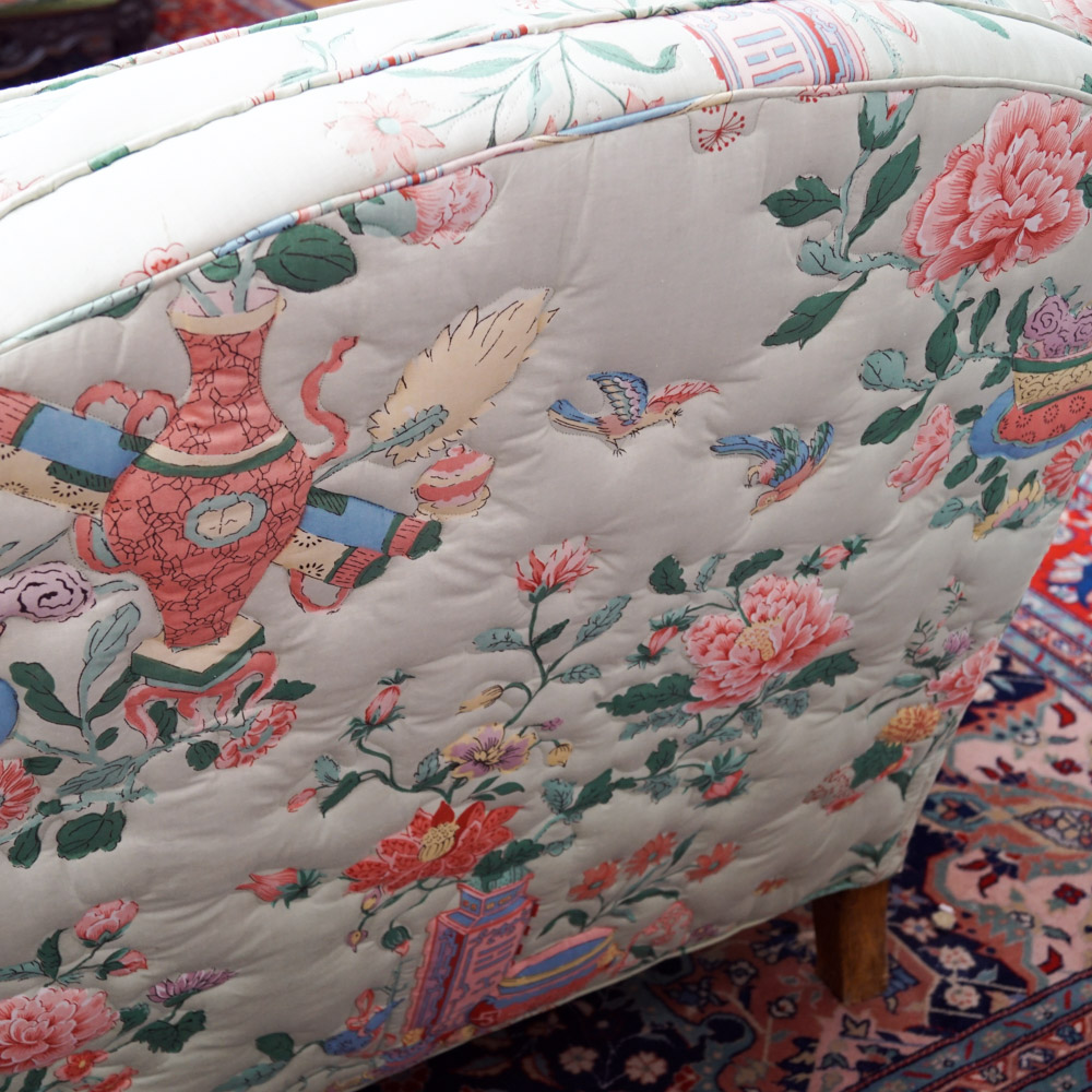 Quilted Chintz Upholstered  Loveseat with East Asian Pattern