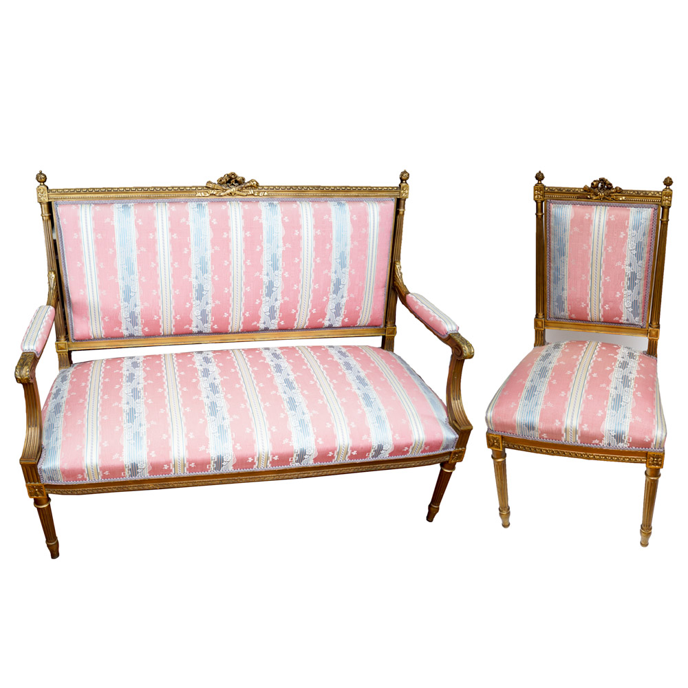 Vintage Hepplewhite Style Settee and Side Chair