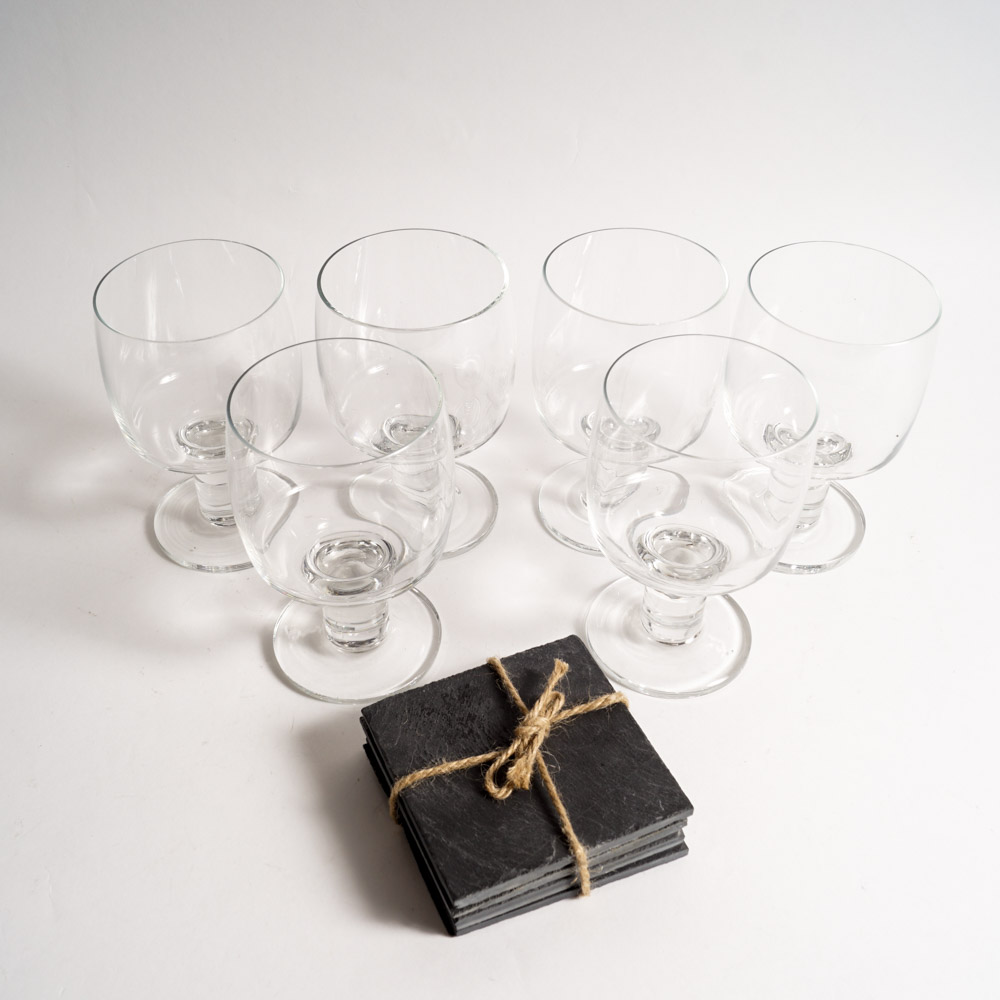 Contemporary Glass Goblets and Slate Coasters