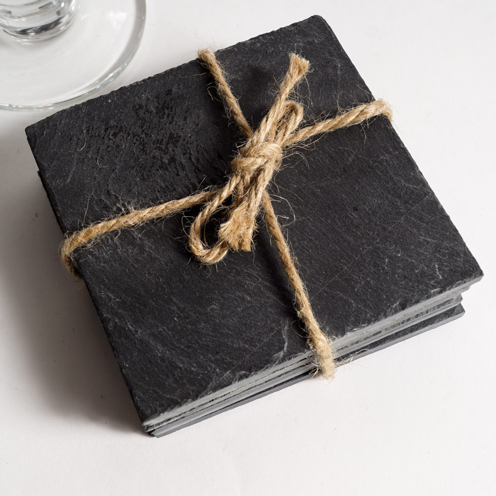 Contemporary Glass Goblets and Slate Coasters