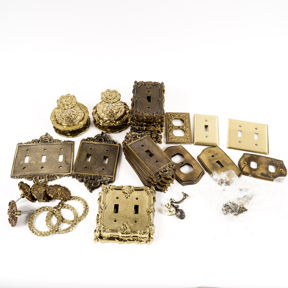Vintage Ornate Brass Light Switch Plates and Brass Tone Hardware