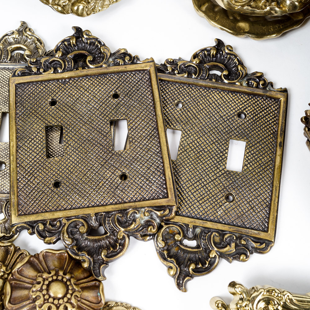 Vintage Ornate Brass Light Switch Plates and Brass Tone Hardware