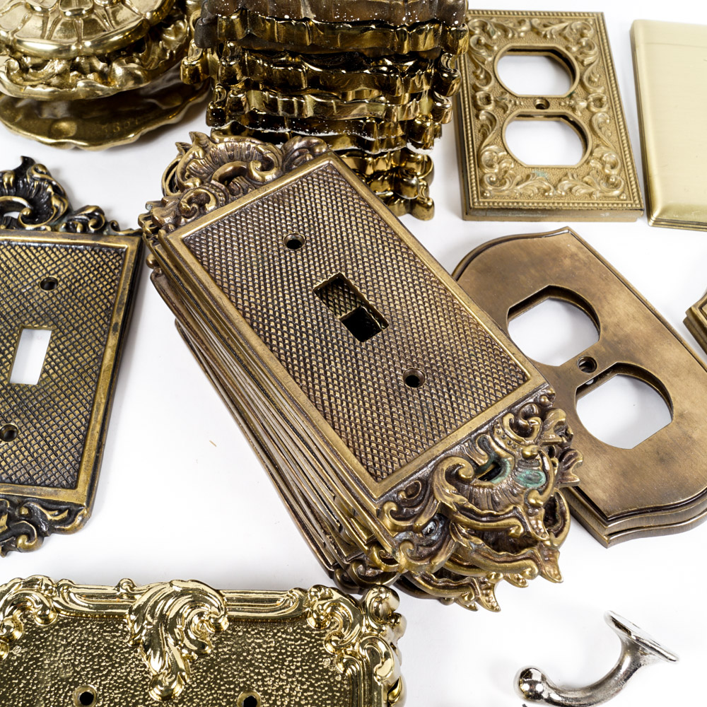 Vintage Ornate Brass Light Switch Plates and Brass Tone Hardware