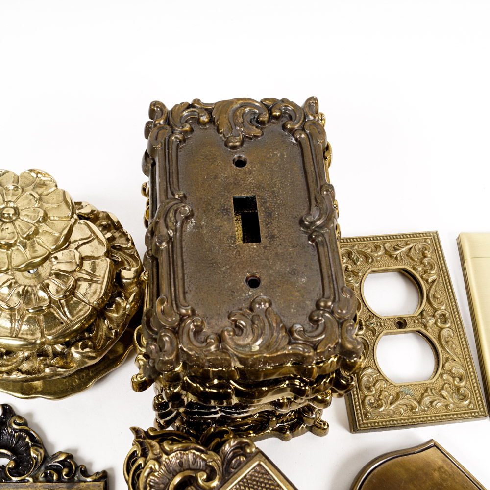 Vintage Ornate Brass Light Switch Plates and Brass Tone Hardware