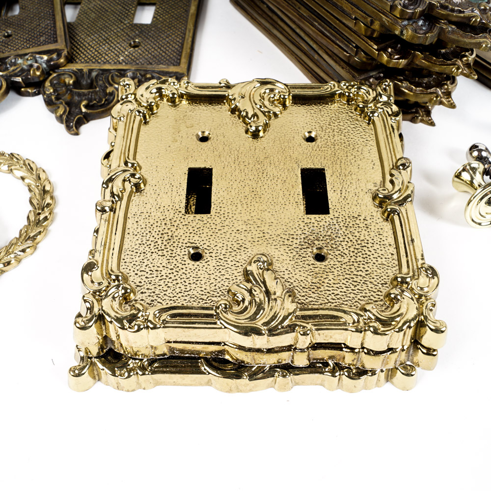 Vintage Ornate Brass Light Switch Plates and Brass Tone Hardware