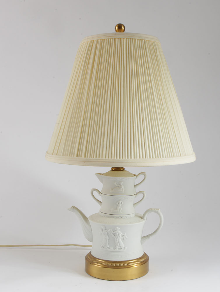 Vintage Bisque Porcelain Tea Set Lamp and Urn Lamp