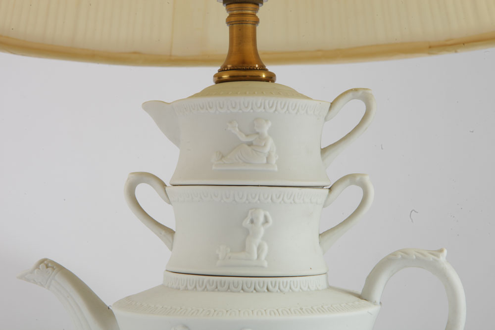 Vintage Bisque Porcelain Tea Set Lamp and Urn Lamp
