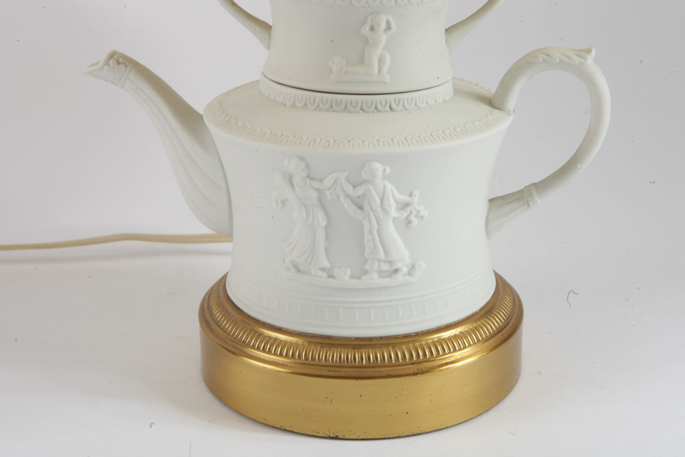 Vintage Bisque Porcelain Tea Set Lamp and Urn Lamp