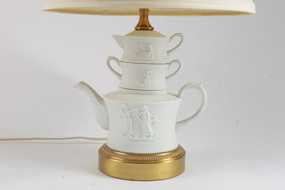 Vintage Bisque Porcelain Tea Set Lamp and Urn Lamp