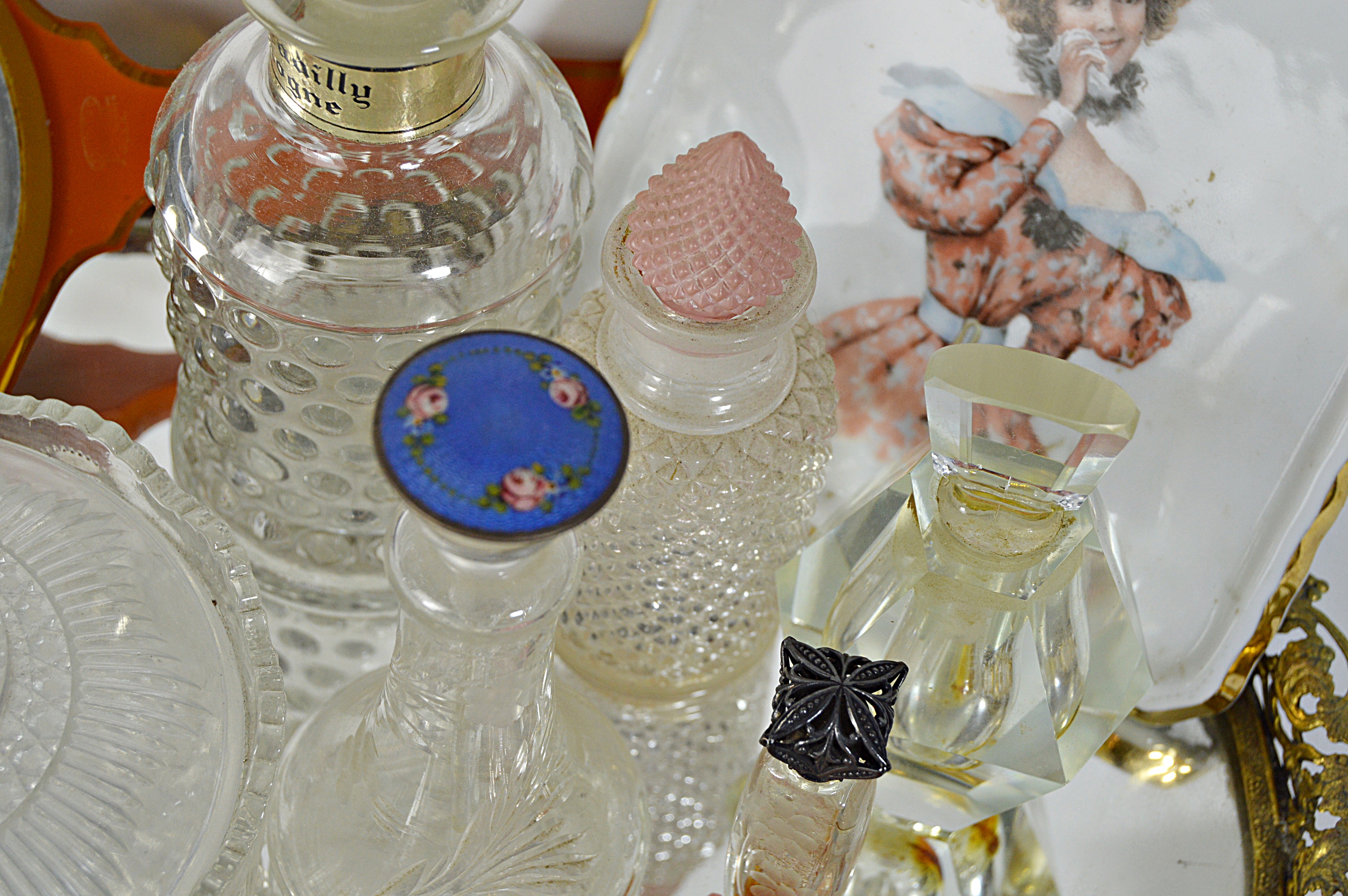 Vintage Perfume Bottles with Enameled , Mirrored Vanity Tray, Porcelain Plaque