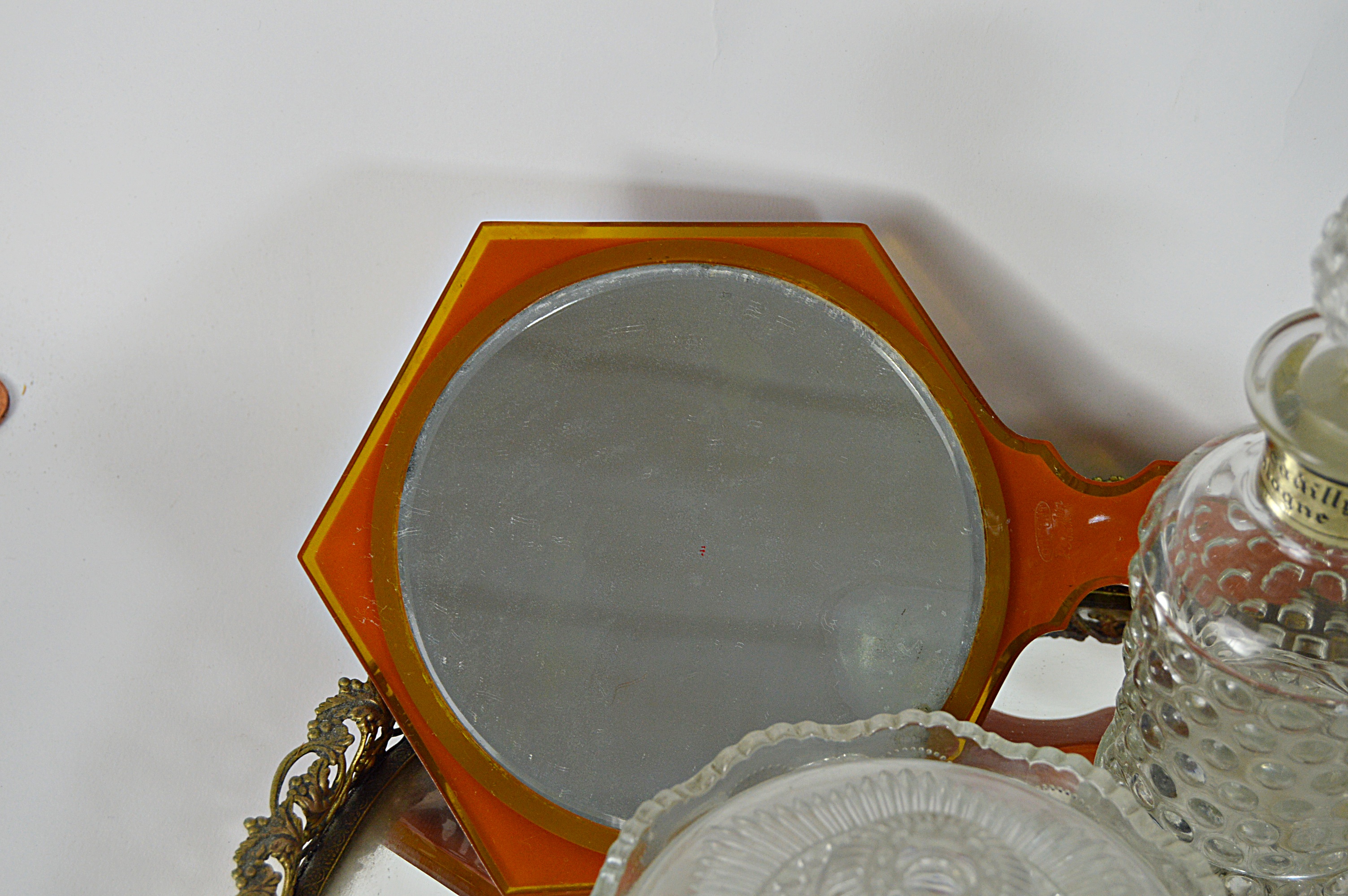 Vintage Perfume Bottles with Enameled , Mirrored Vanity Tray, Porcelain Plaque