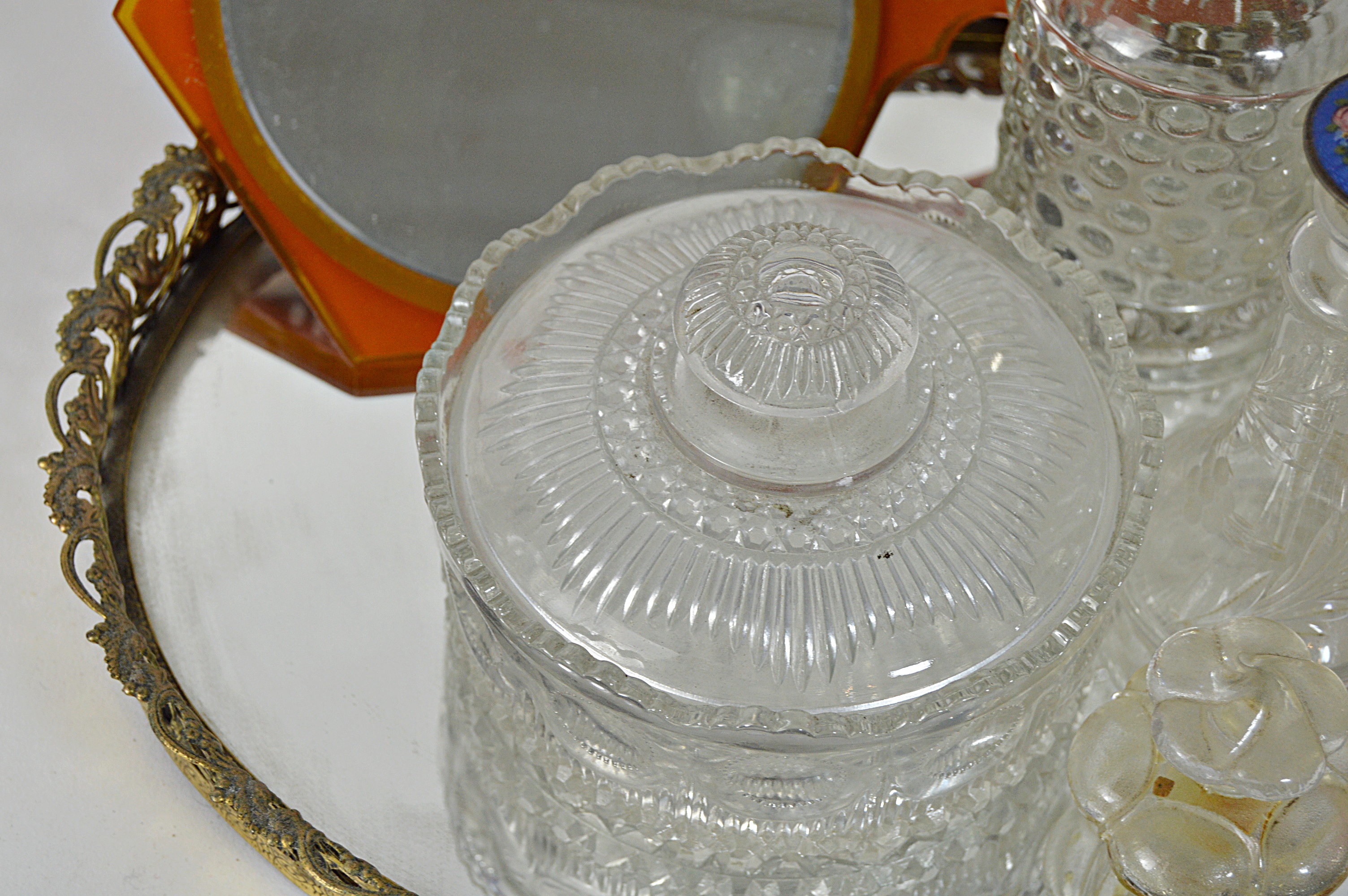 Vintage Perfume Bottles with Enameled , Mirrored Vanity Tray, Porcelain Plaque