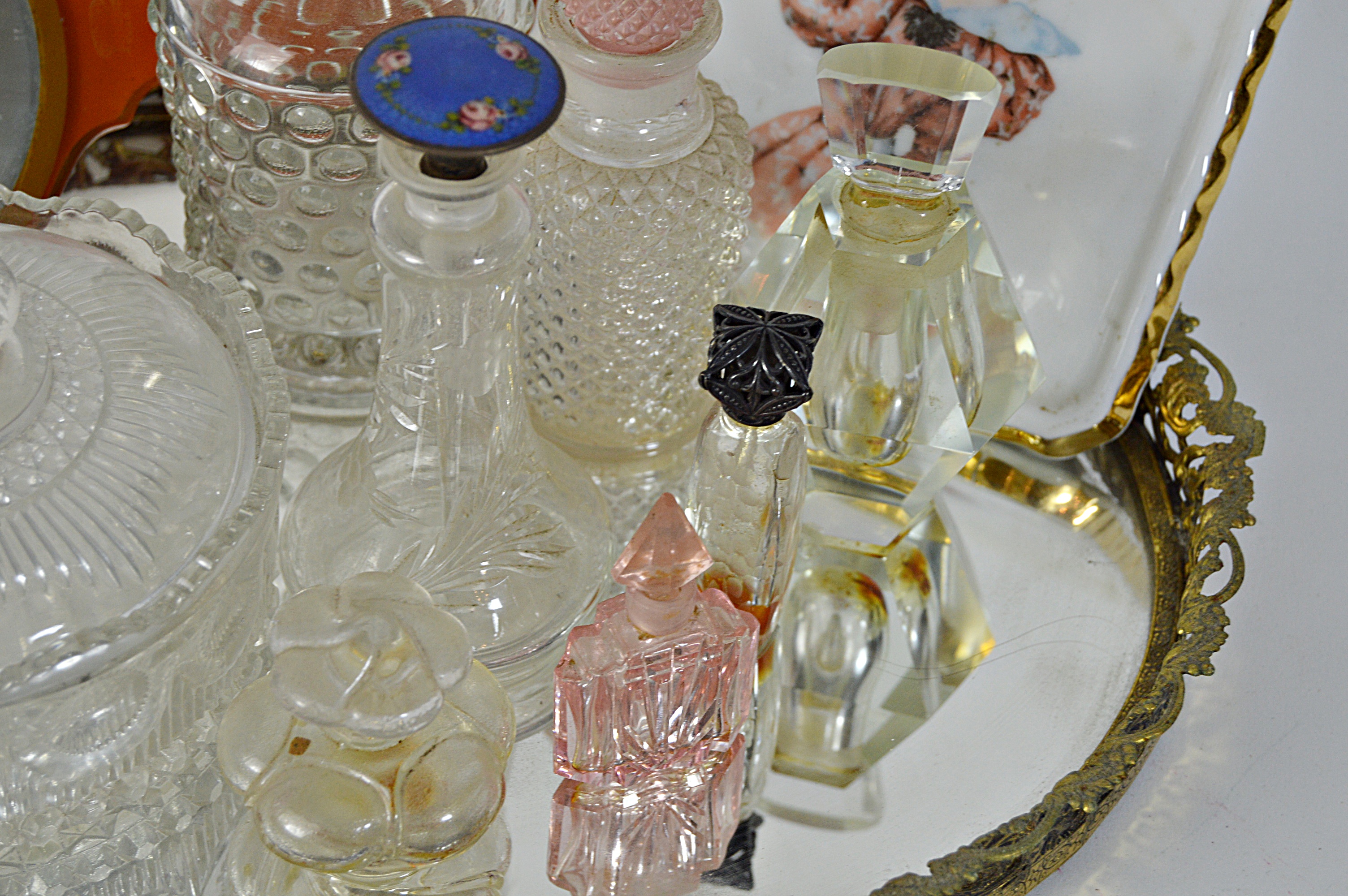 Vintage Perfume Bottles with Enameled , Mirrored Vanity Tray, Porcelain Plaque