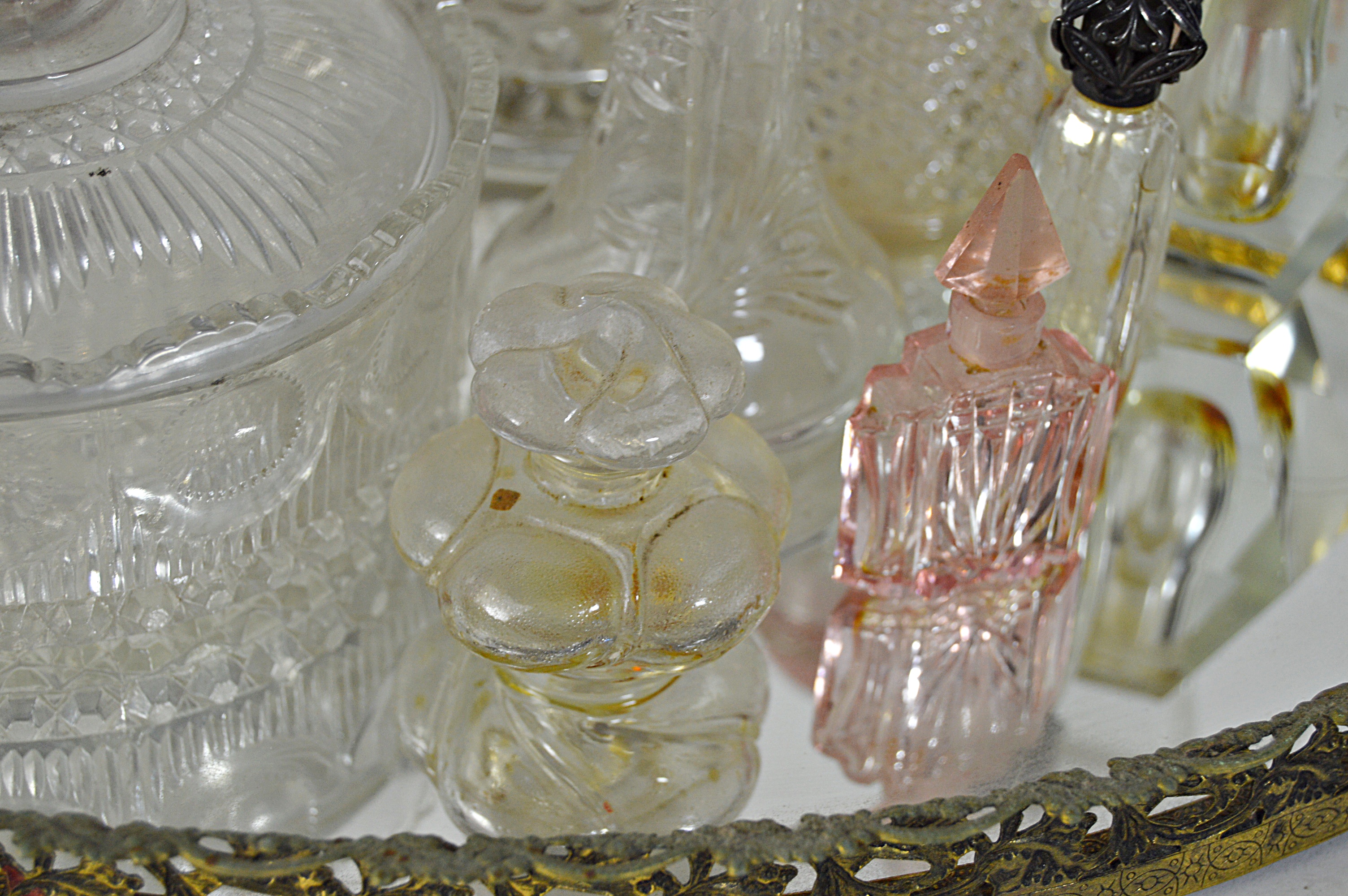 Vintage Perfume Bottles with Enameled , Mirrored Vanity Tray, Porcelain Plaque