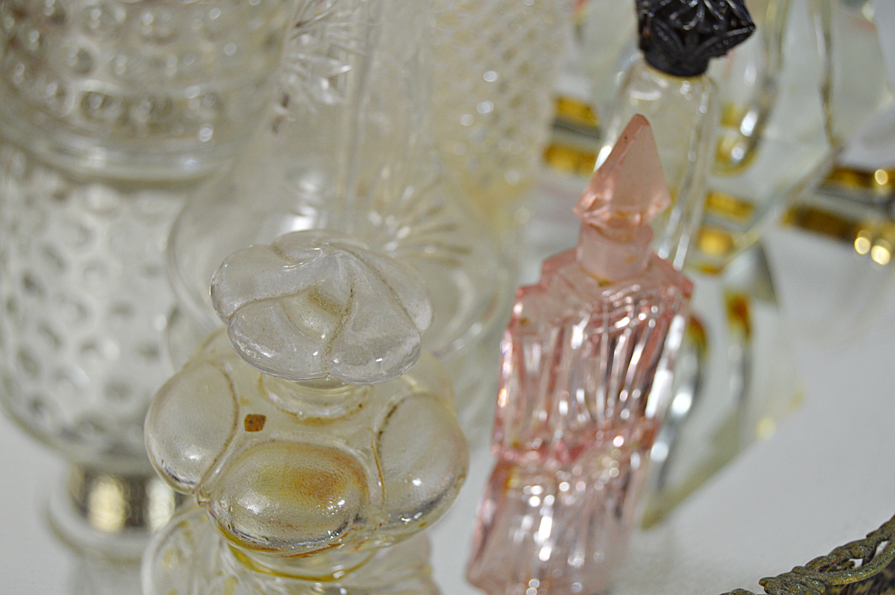 Vintage Perfume Bottles with Enameled , Mirrored Vanity Tray, Porcelain Plaque