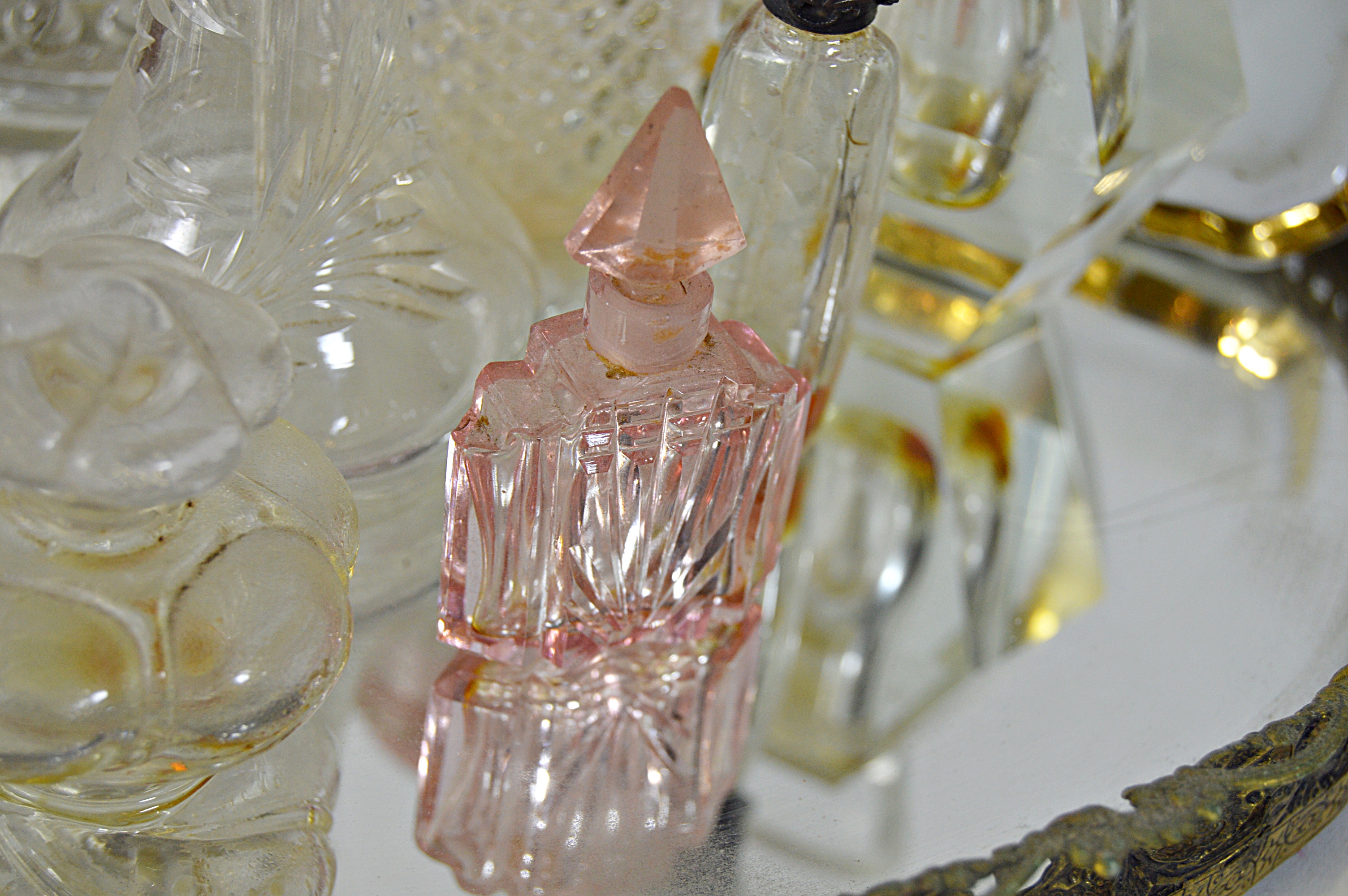 Vintage Perfume Bottles with Enameled , Mirrored Vanity Tray, Porcelain Plaque