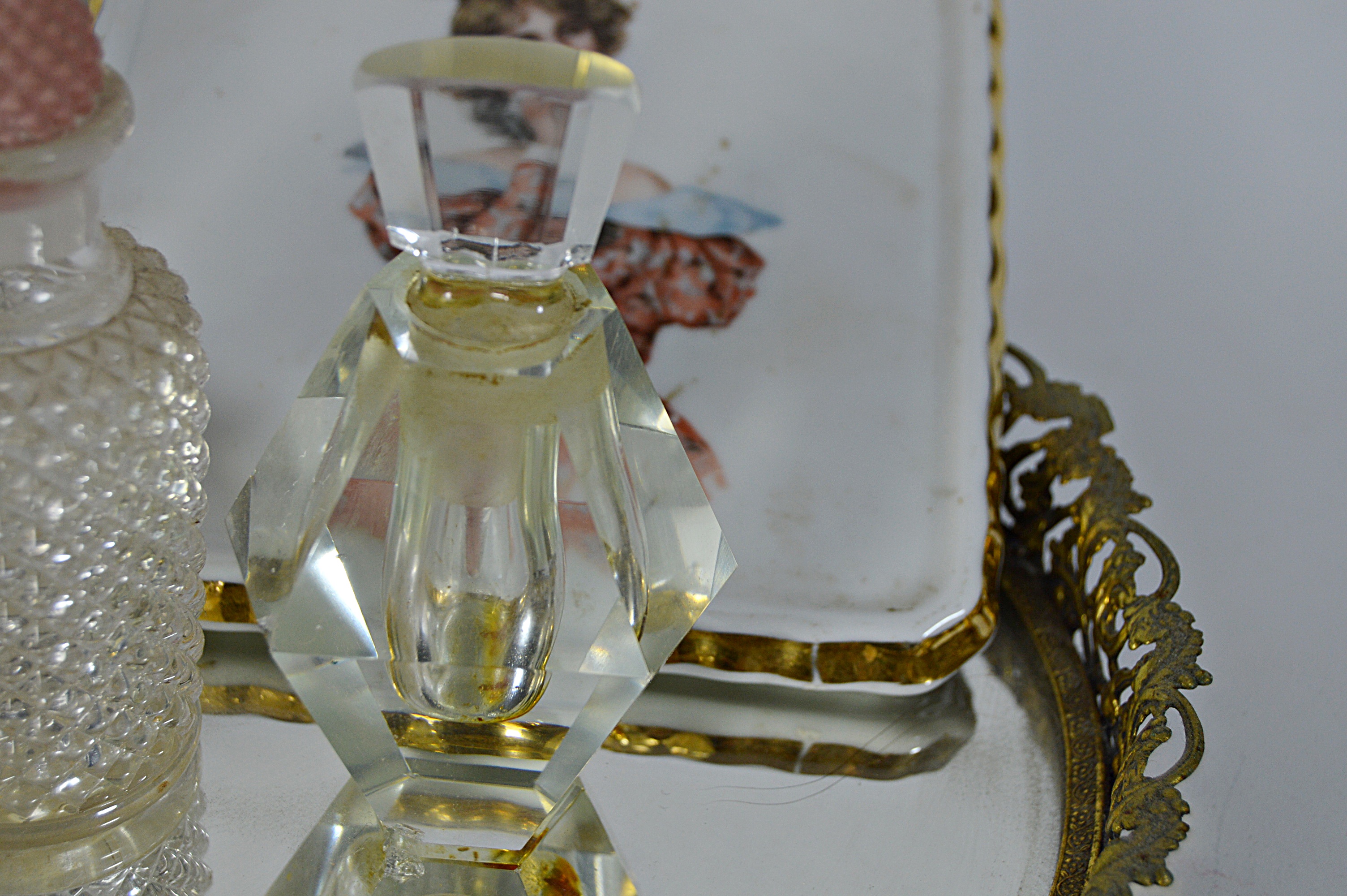 Vintage Perfume Bottles with Enameled , Mirrored Vanity Tray, Porcelain Plaque