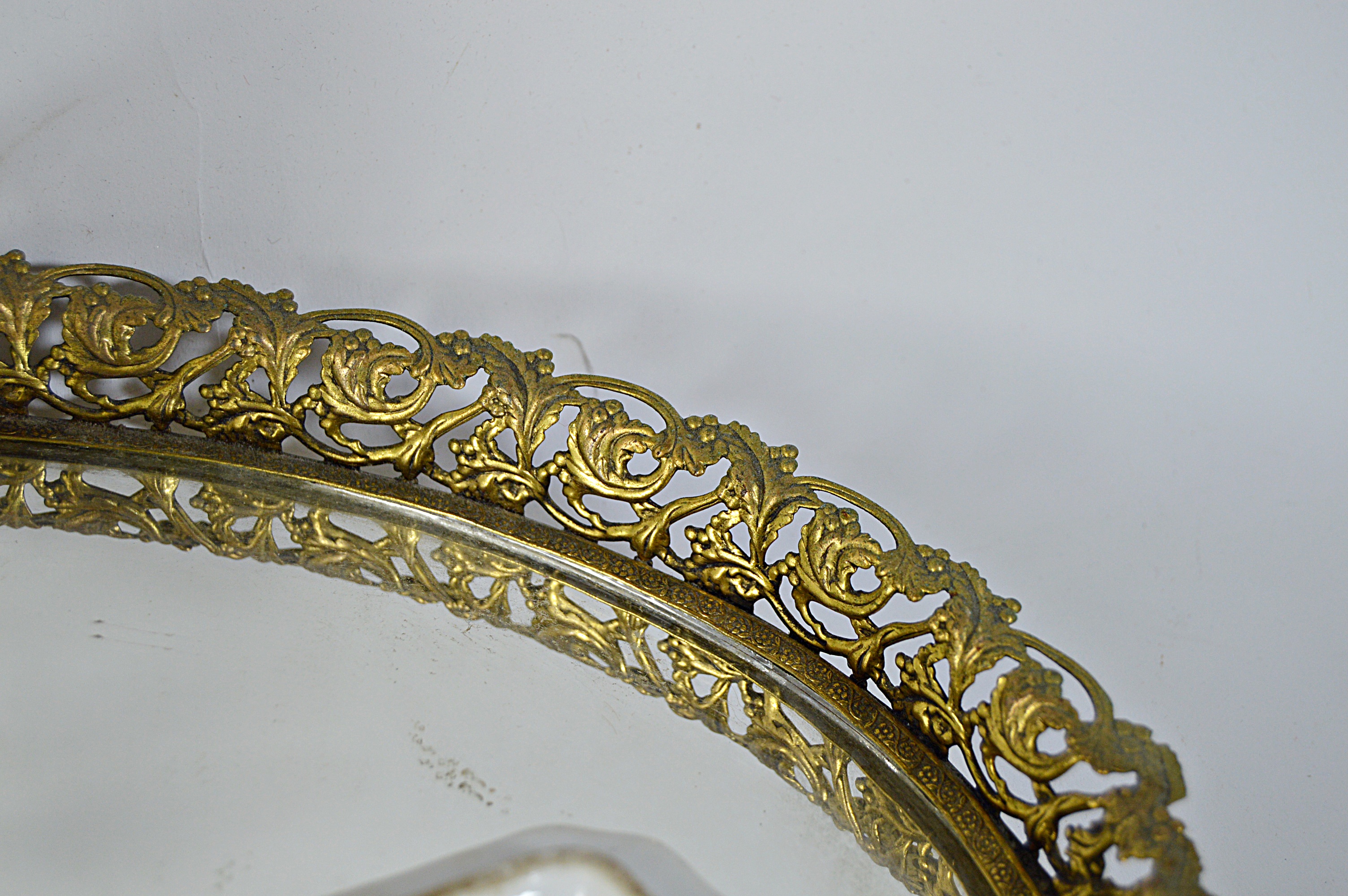 Vintage Perfume Bottles with Enameled , Mirrored Vanity Tray, Porcelain Plaque