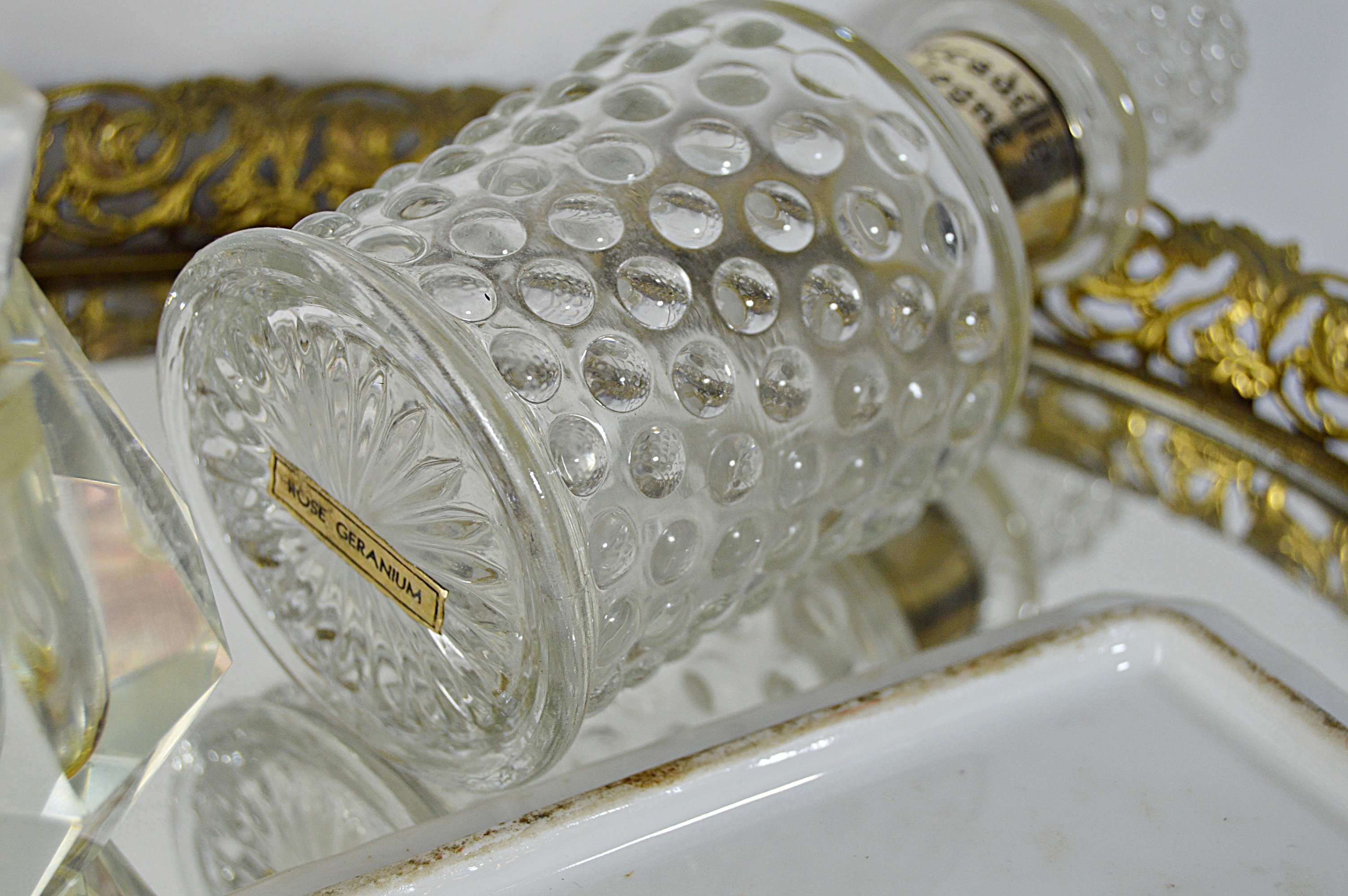 Vintage Perfume Bottles with Enameled , Mirrored Vanity Tray, Porcelain Plaque