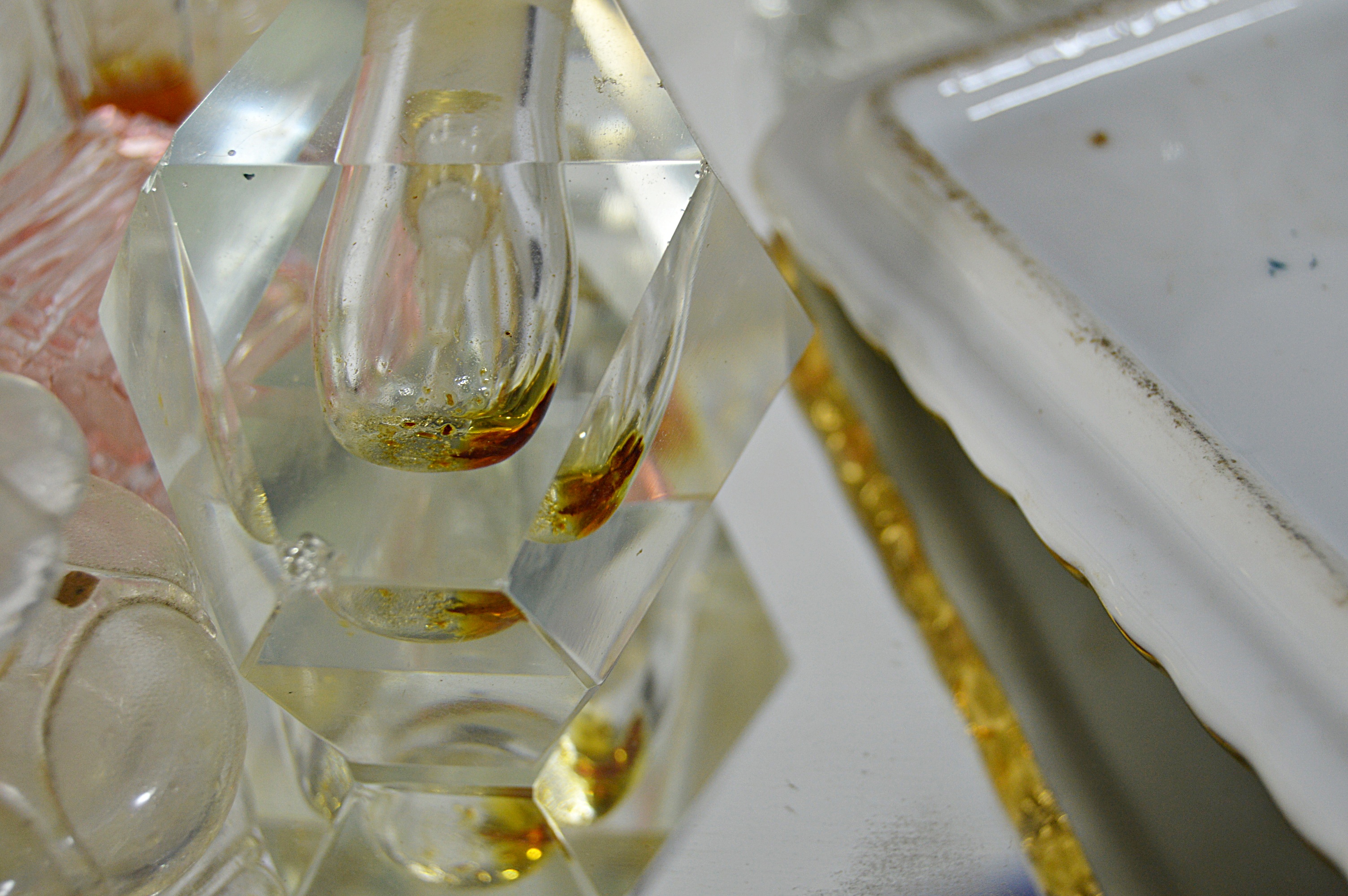 Vintage Perfume Bottles with Enameled , Mirrored Vanity Tray, Porcelain Plaque