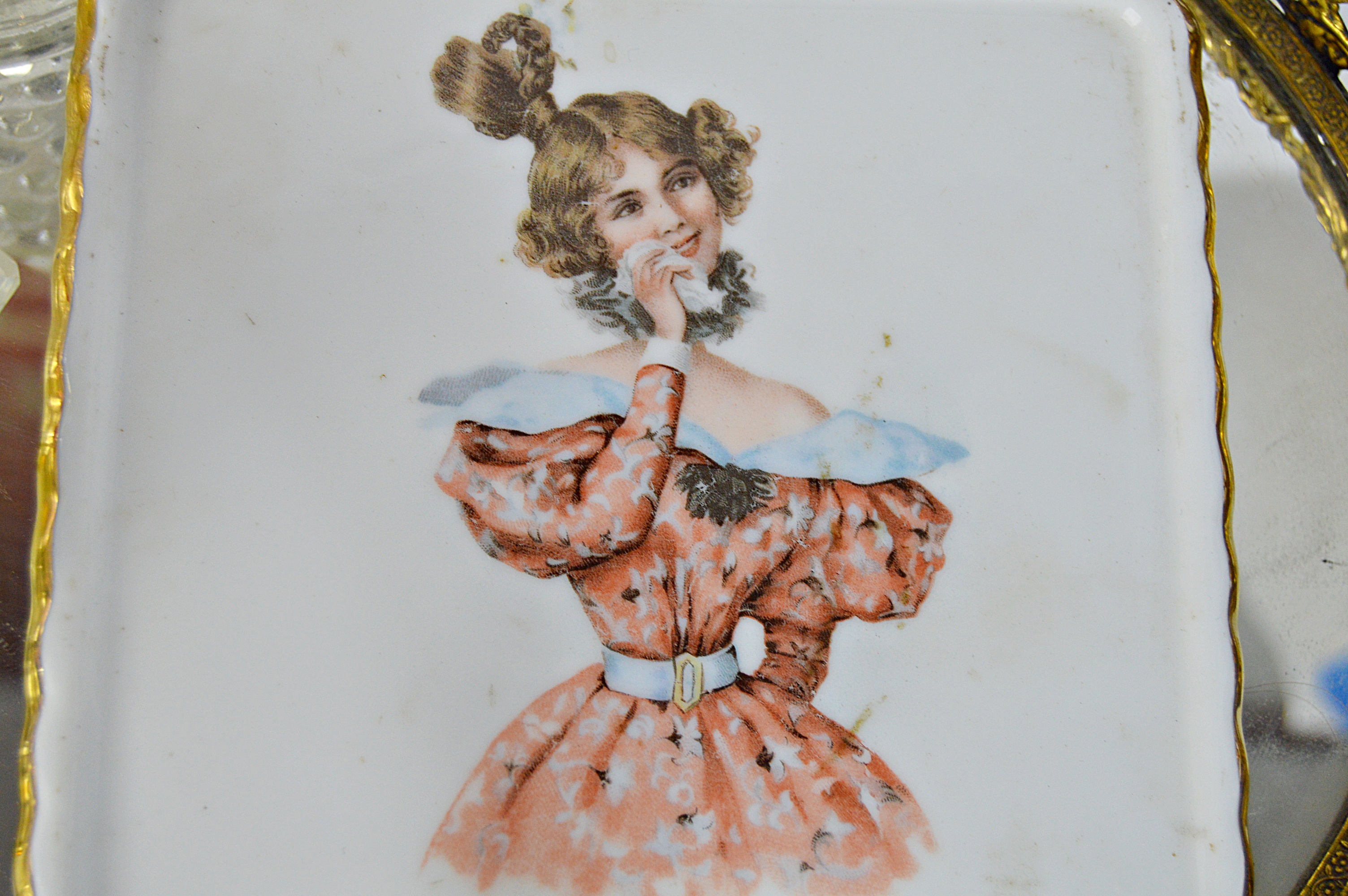 Vintage Perfume Bottles with Enameled , Mirrored Vanity Tray, Porcelain Plaque