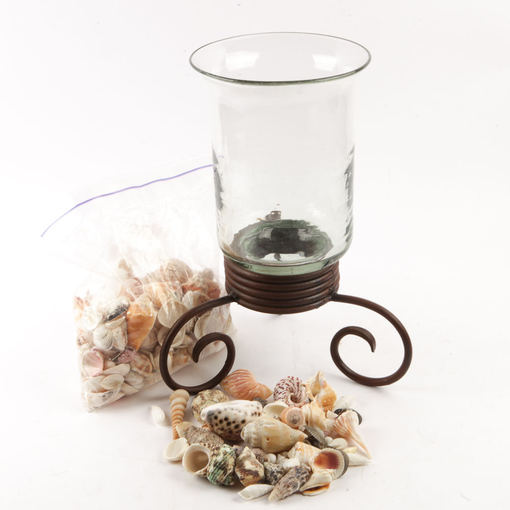 Hurricane Glass Candlestick Holder and Decorative Sea Shells