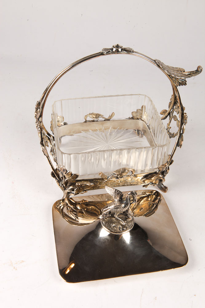 Ornate Silver Plate and Glass Centerpiece Bon Bon Dish