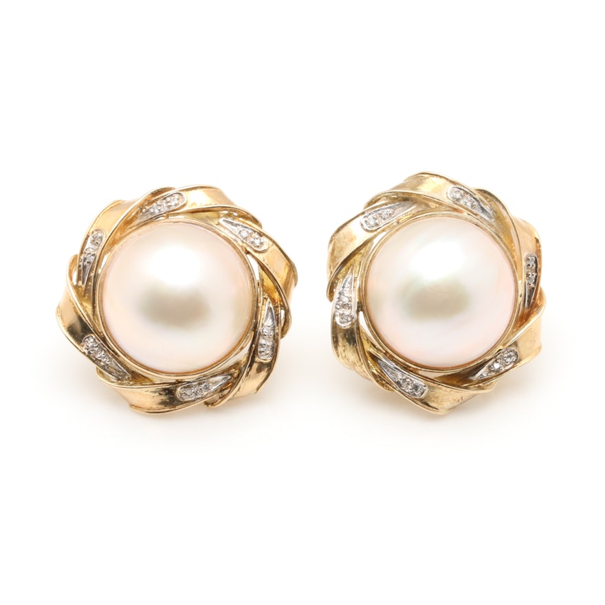 14K and 18K Yellow Gold Cultured Pearl and Diamond Earrings