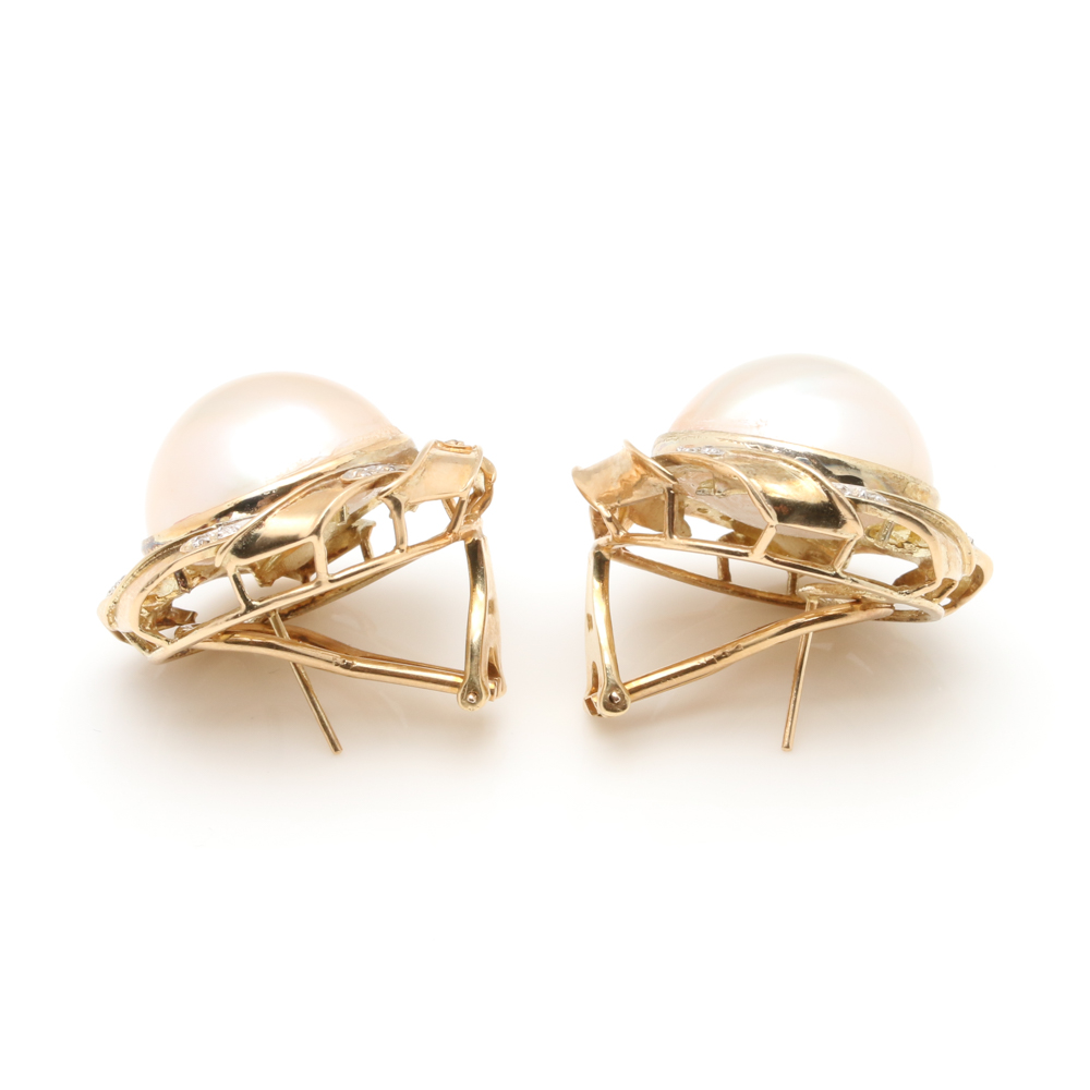 14K and 18K Yellow Gold Cultured Pearl and Diamond Earrings