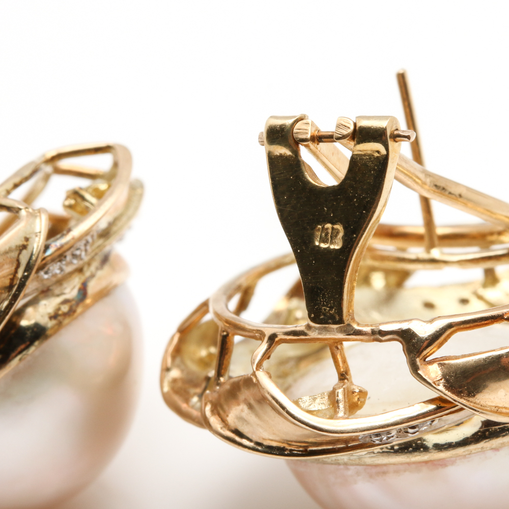 14K and 18K Yellow Gold Cultured Pearl and Diamond Earrings