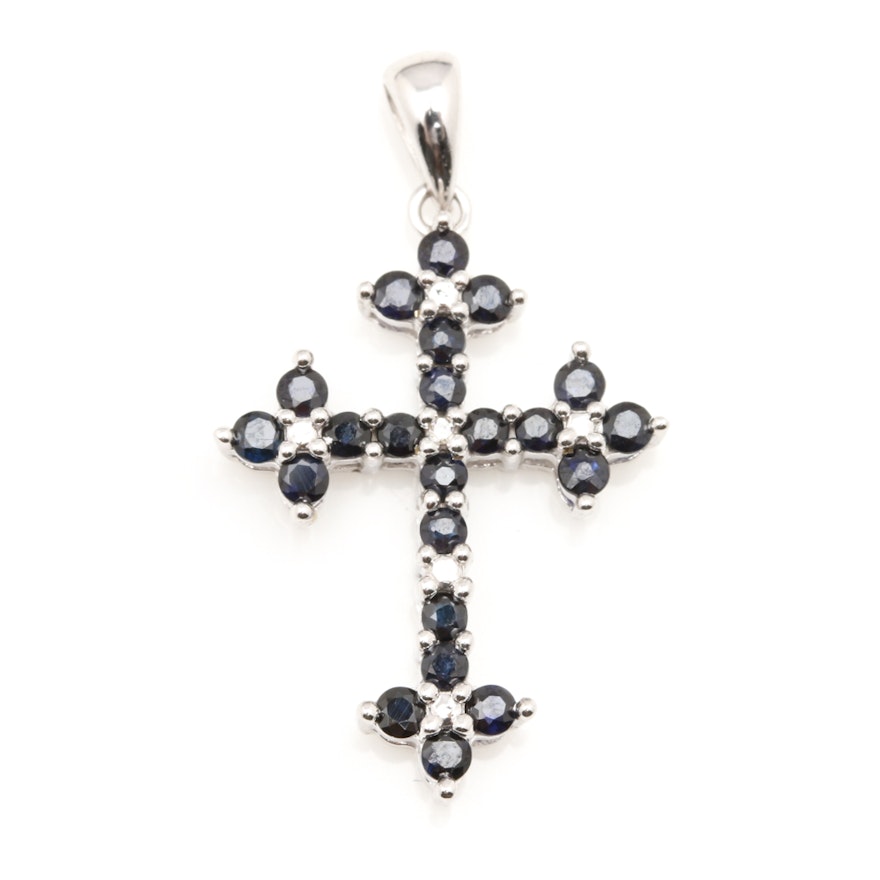 10K White Gold Sapphire and Diamond Cross Pendant