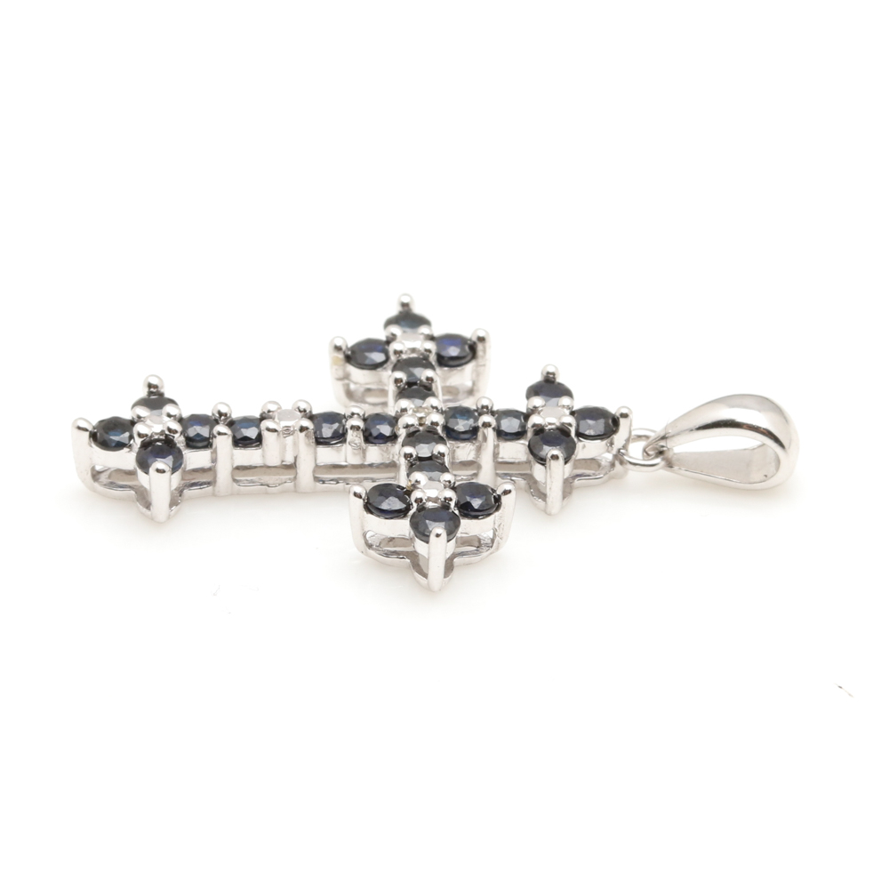 10K White Gold Sapphire and Diamond Cross Pendant