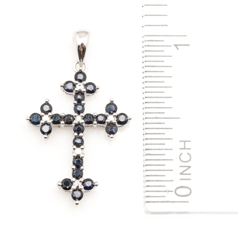10K White Gold Sapphire and Diamond Cross Pendant