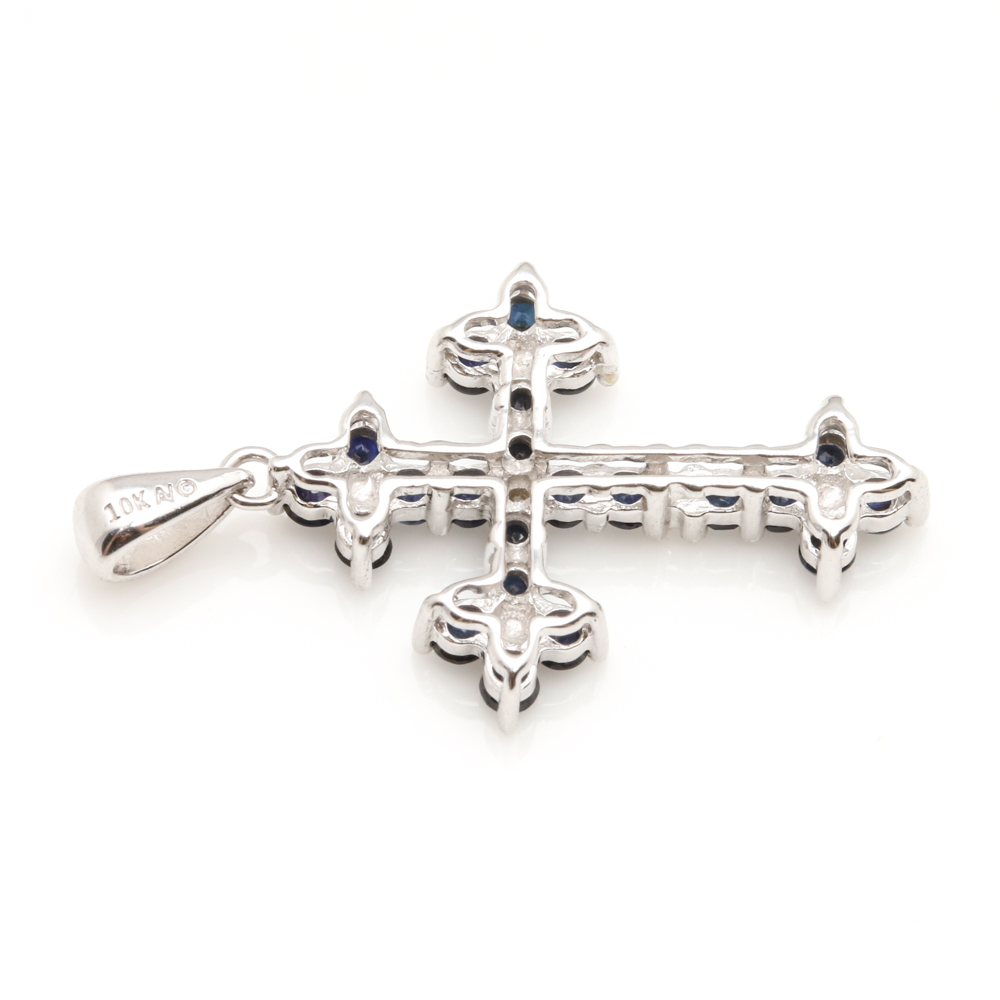 10K White Gold Sapphire and Diamond Cross Pendant