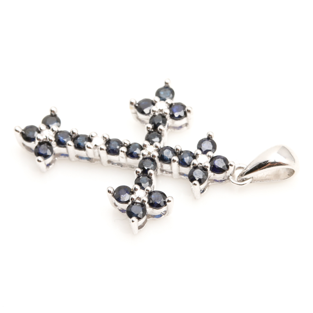 10K White Gold Sapphire and Diamond Cross Pendant