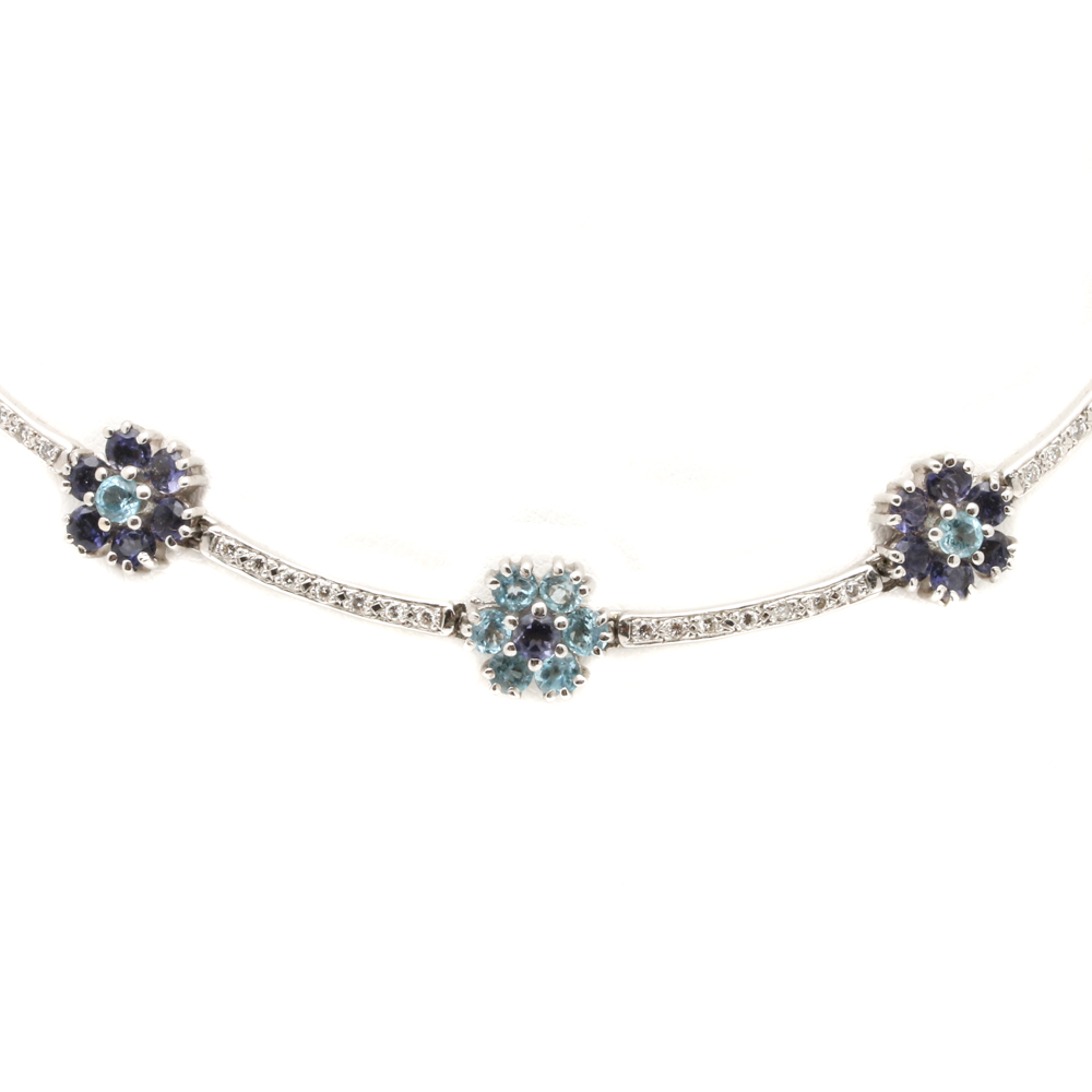18K White Gold Blue Topaz, Iolite and Diamond Necklace