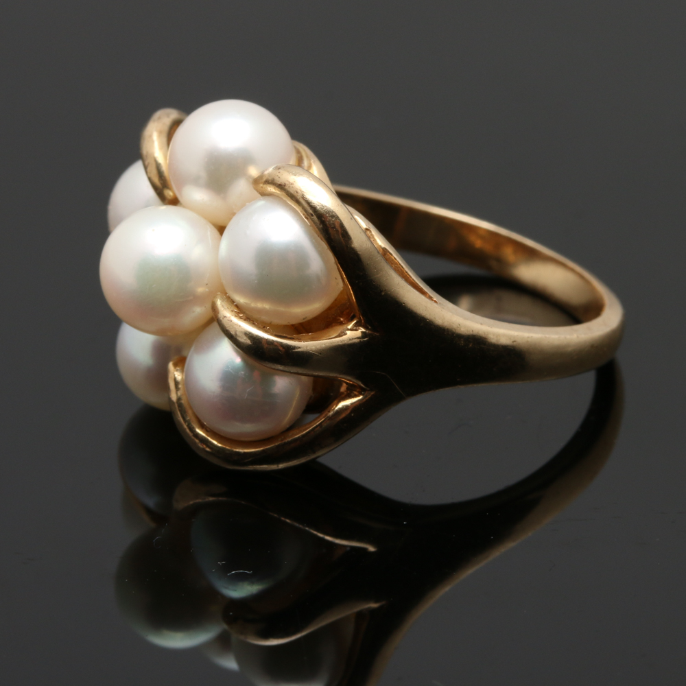 14K Yellow Gold Cultured Pearl Cluster Ring