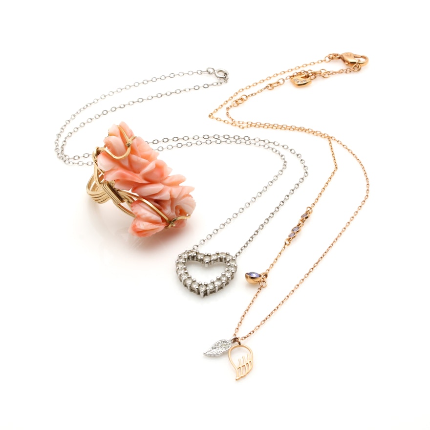 Selection of Necklaces Including Swarovski With Carved Coral Statement Ring