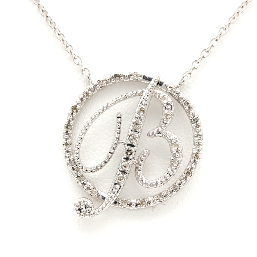 14K White Gold Diamond "B" Necklace