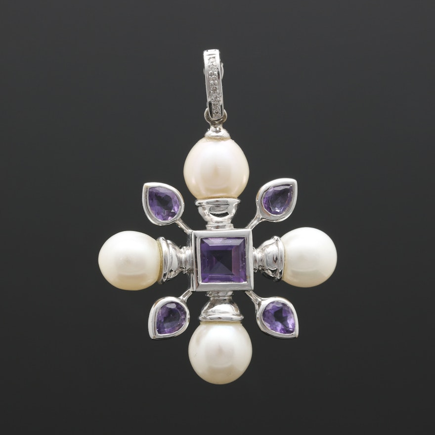 18K White Gold Cultured Pearl, Amethyst, and Diamond Pendant
