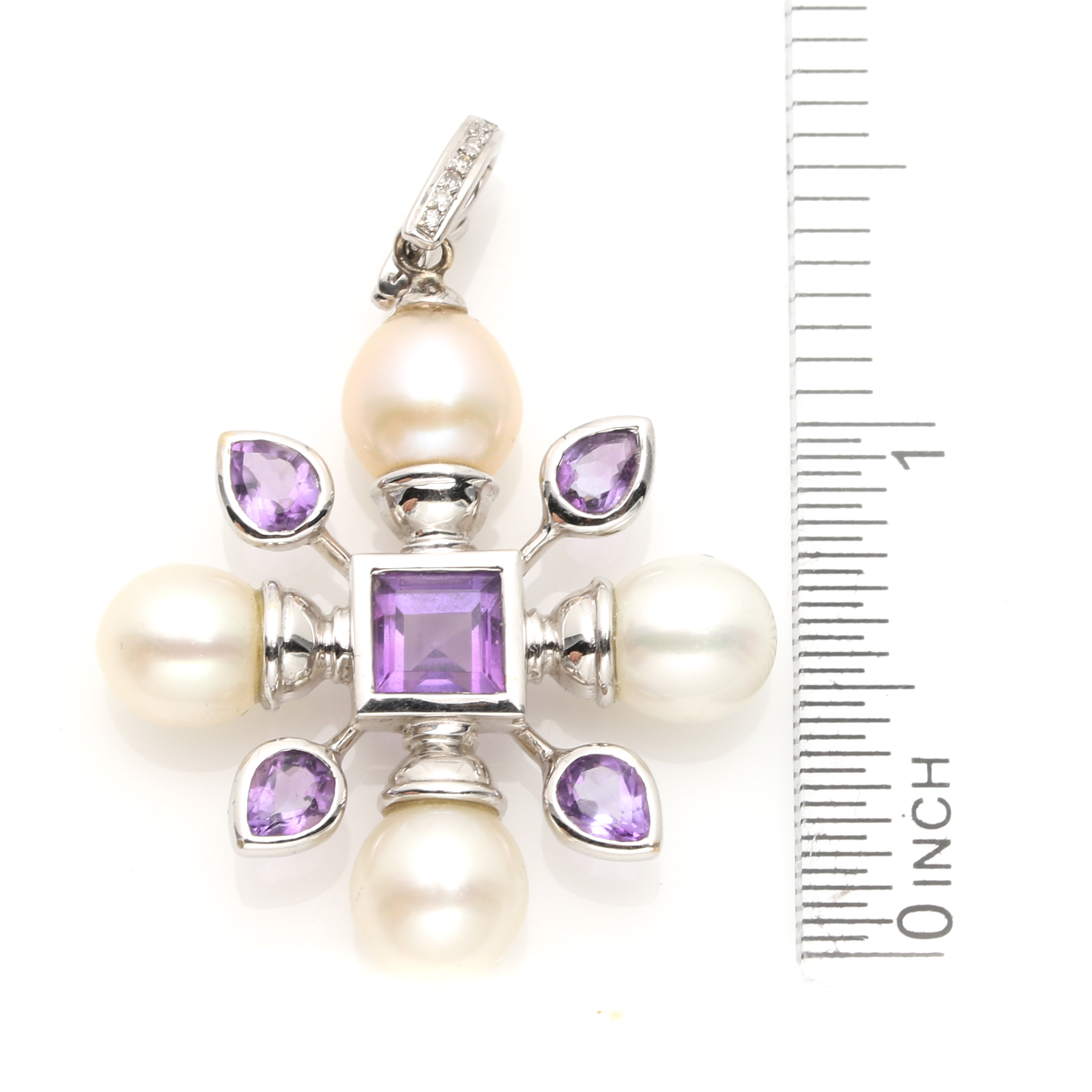 18K White Gold Cultured Pearl, Amethyst, and Diamond Pendant