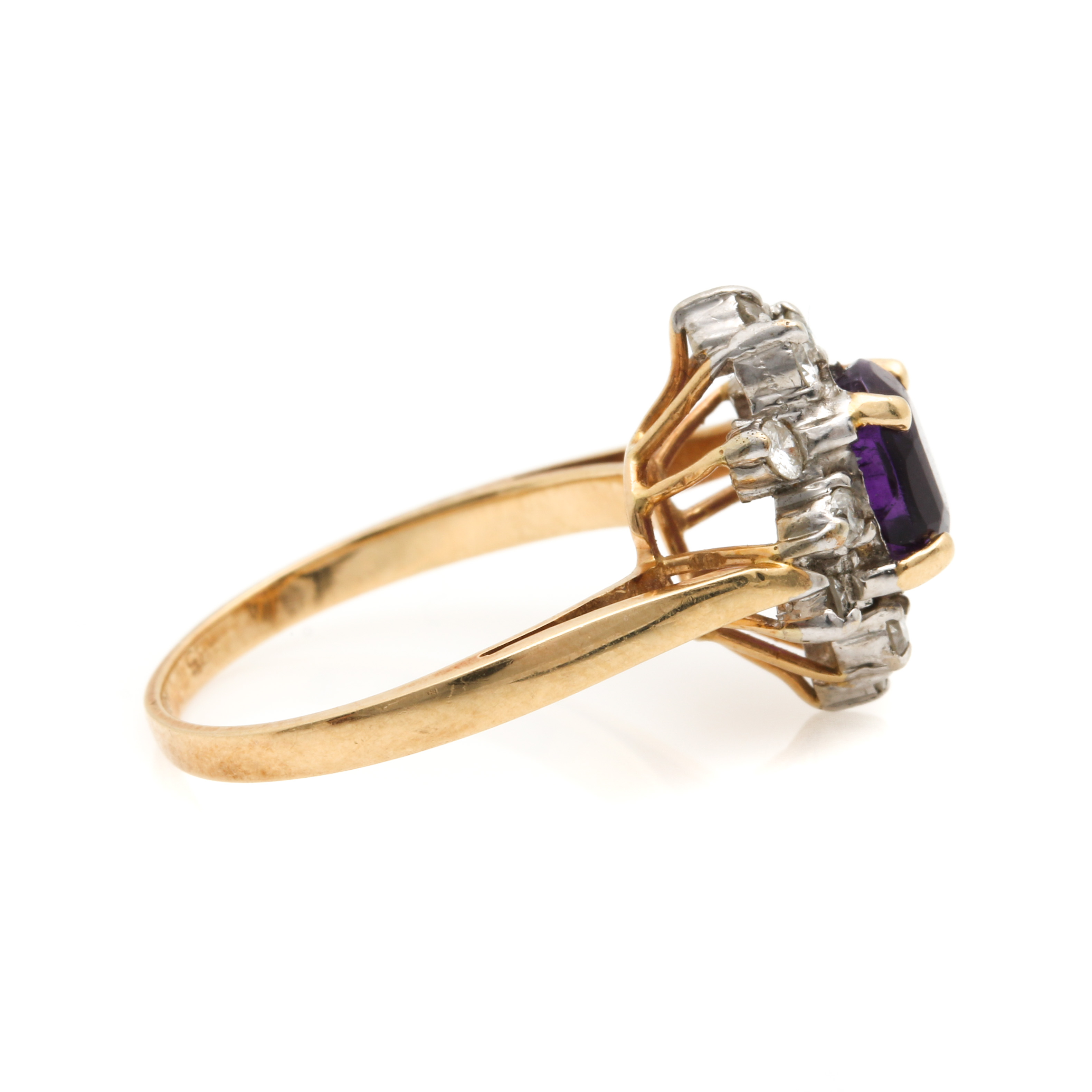 14K Yellow Gold Amethyst and Diamond Ring
