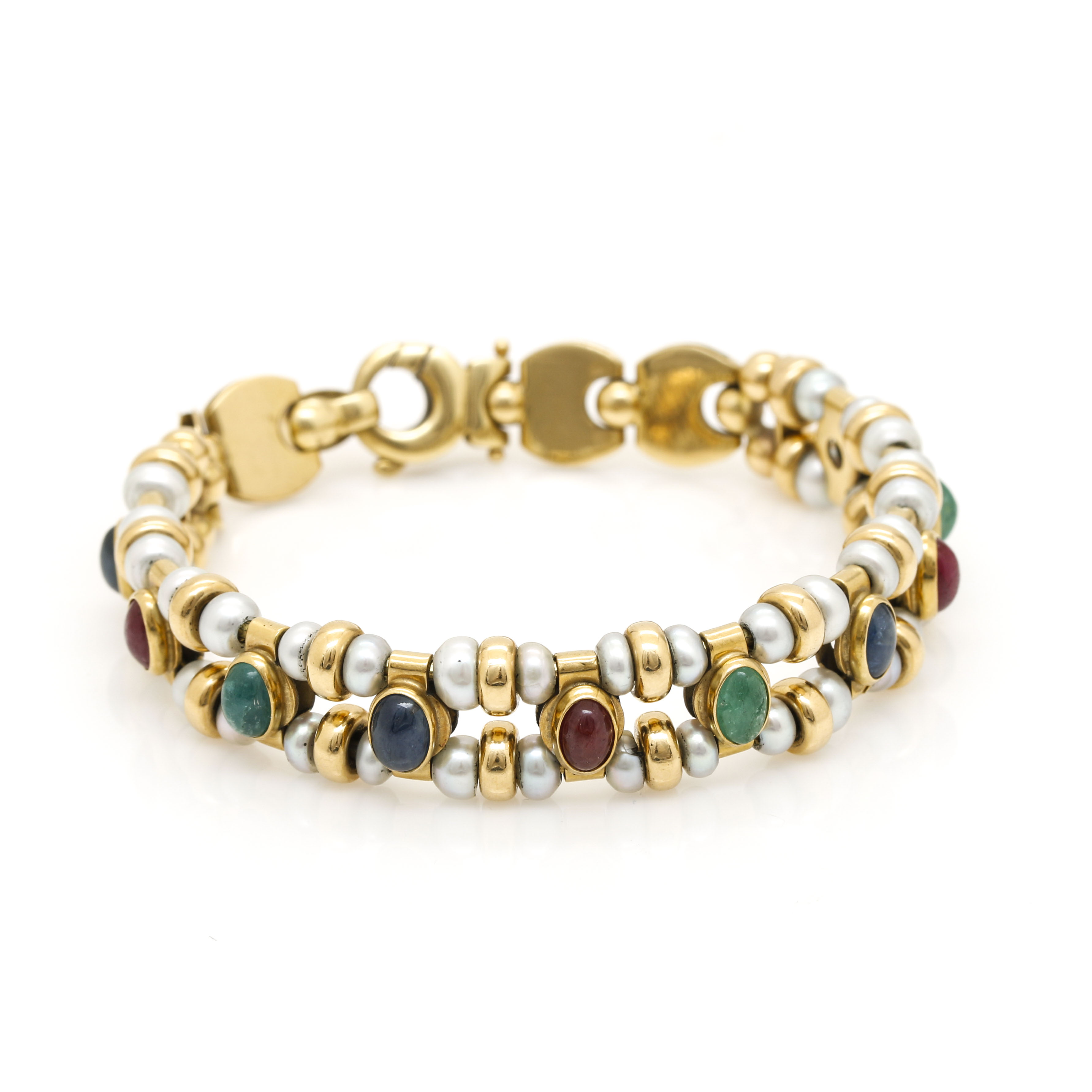 18K Yellow Gold Gemstone and Cultured Pearl Bracelet