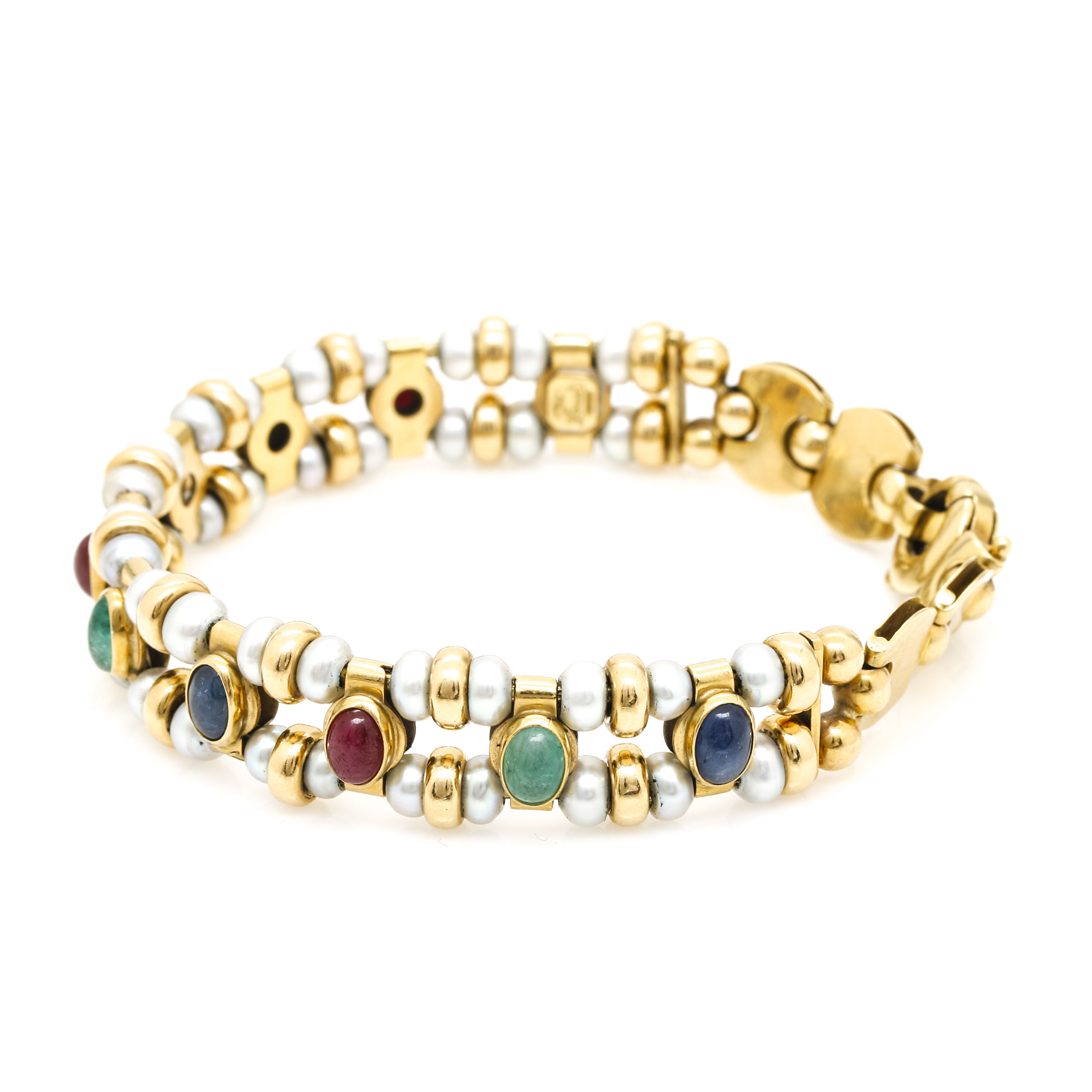 18K Yellow Gold Gemstone and Cultured Pearl Bracelet