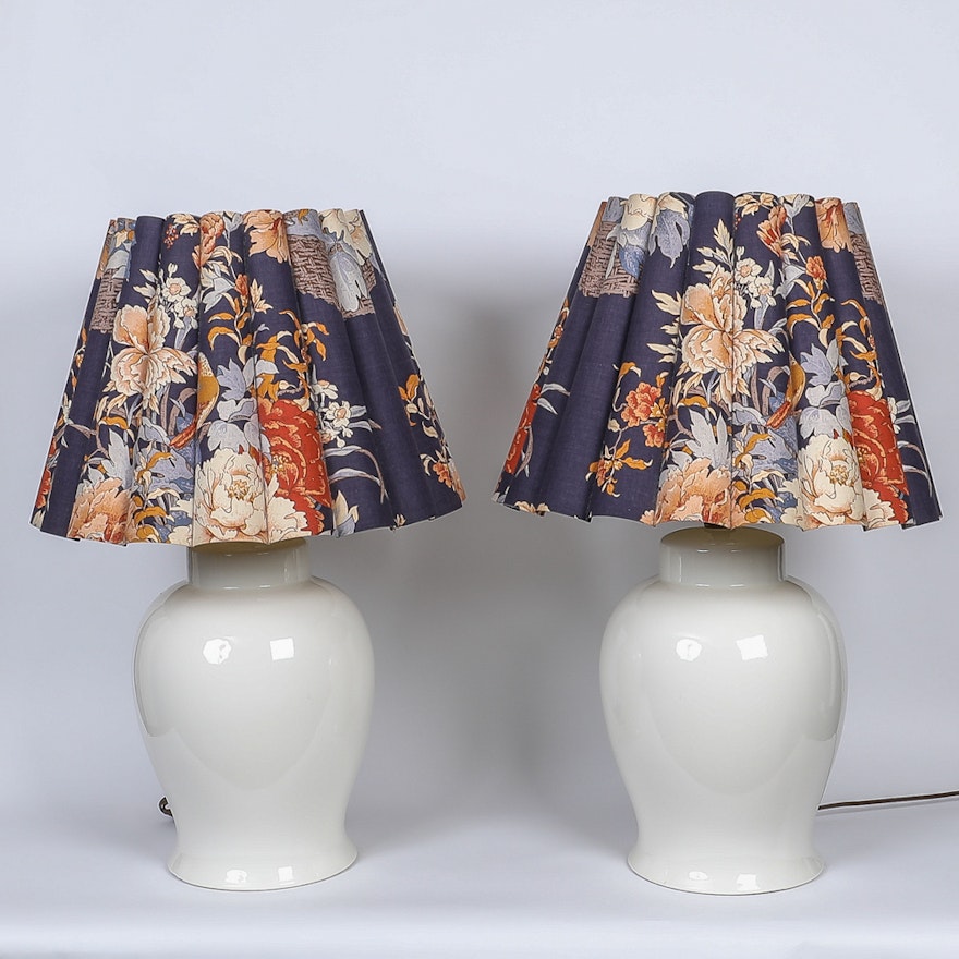 Vintage White Ceramic Table Lamps with Decorative Floral Shades