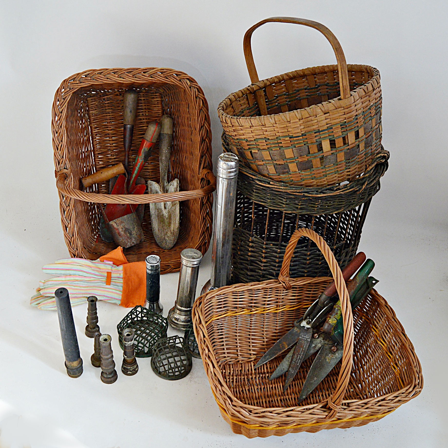 Gardening Group with Brass Nozzles, Metal Frogs, Trowels and Baskets