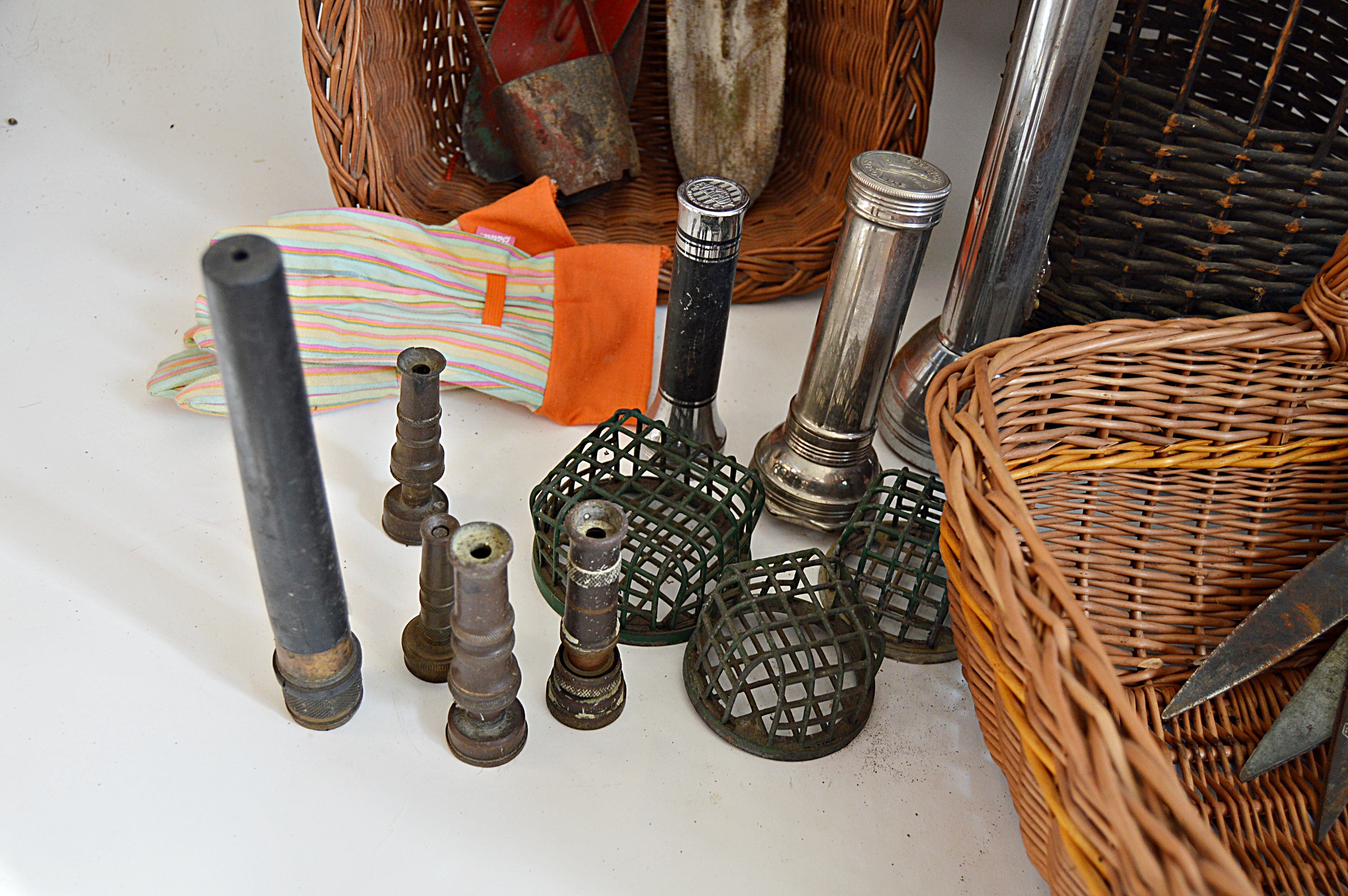 Gardening Group with Brass Nozzles, Metal Frogs, Trowels and Baskets