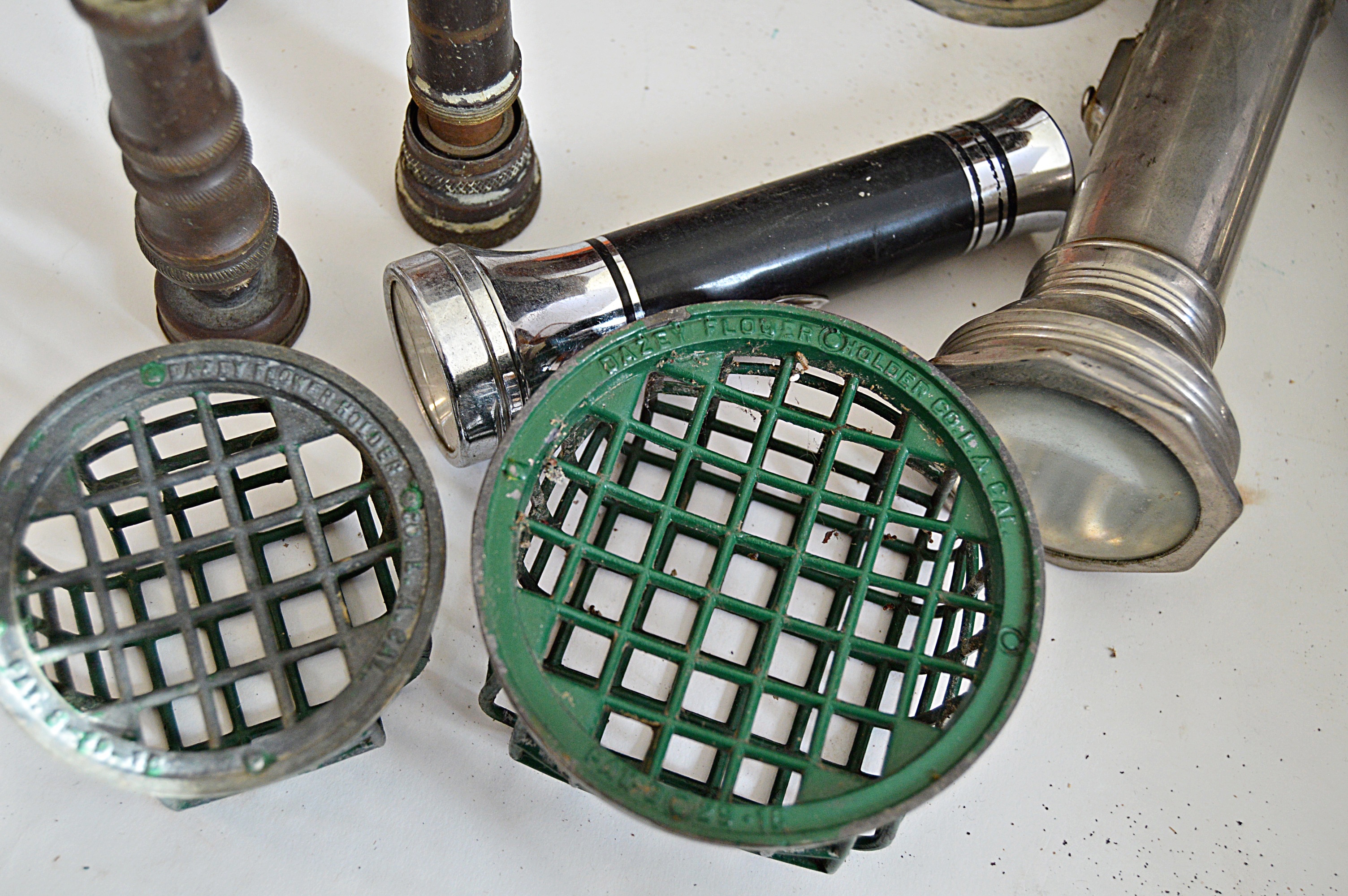 Gardening Group with Brass Nozzles, Metal Frogs, Trowels and Baskets