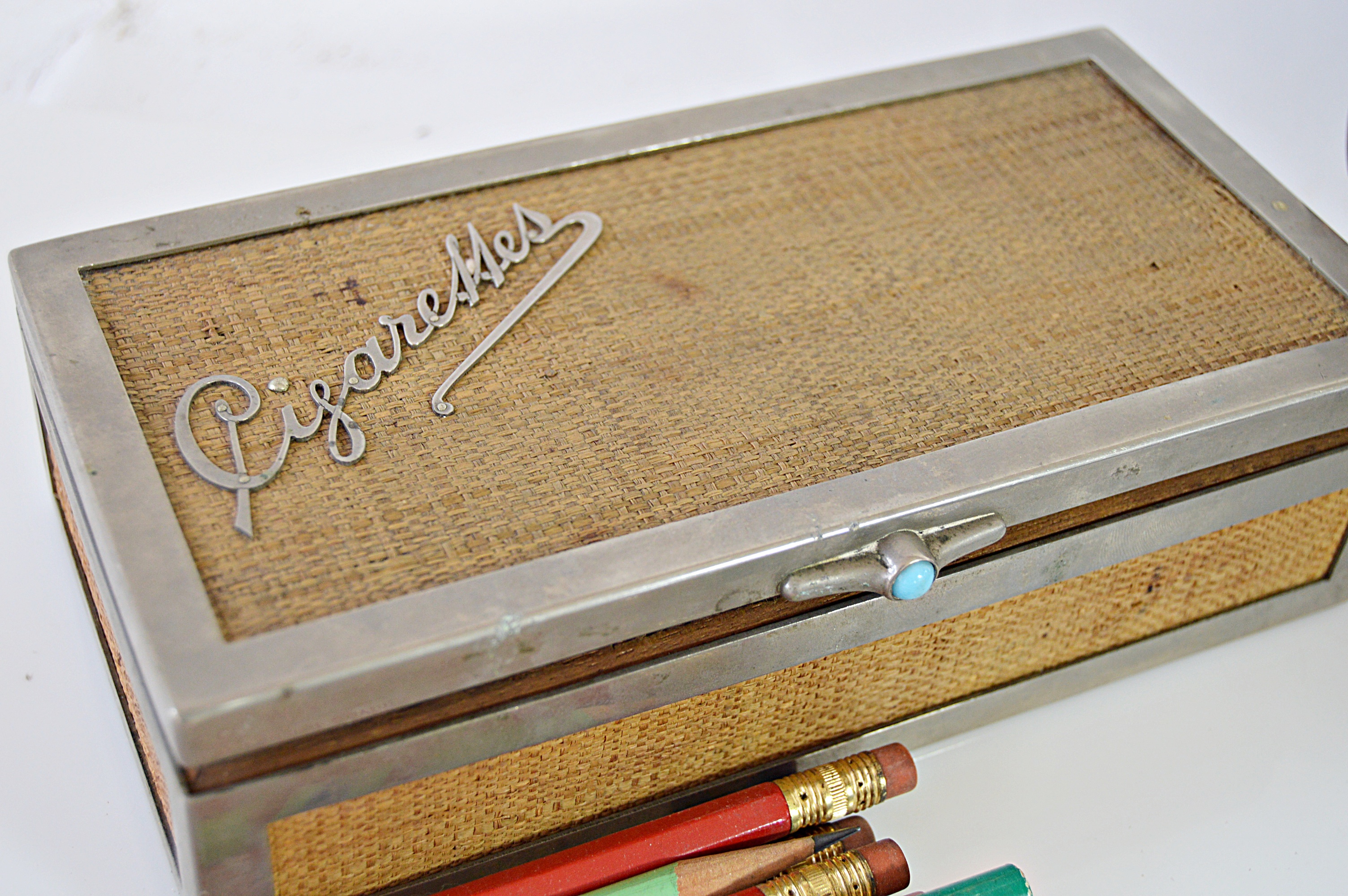 Vintage Pens and Pencils, Cigarette Box, Austrian Bank and Elephant Bookends